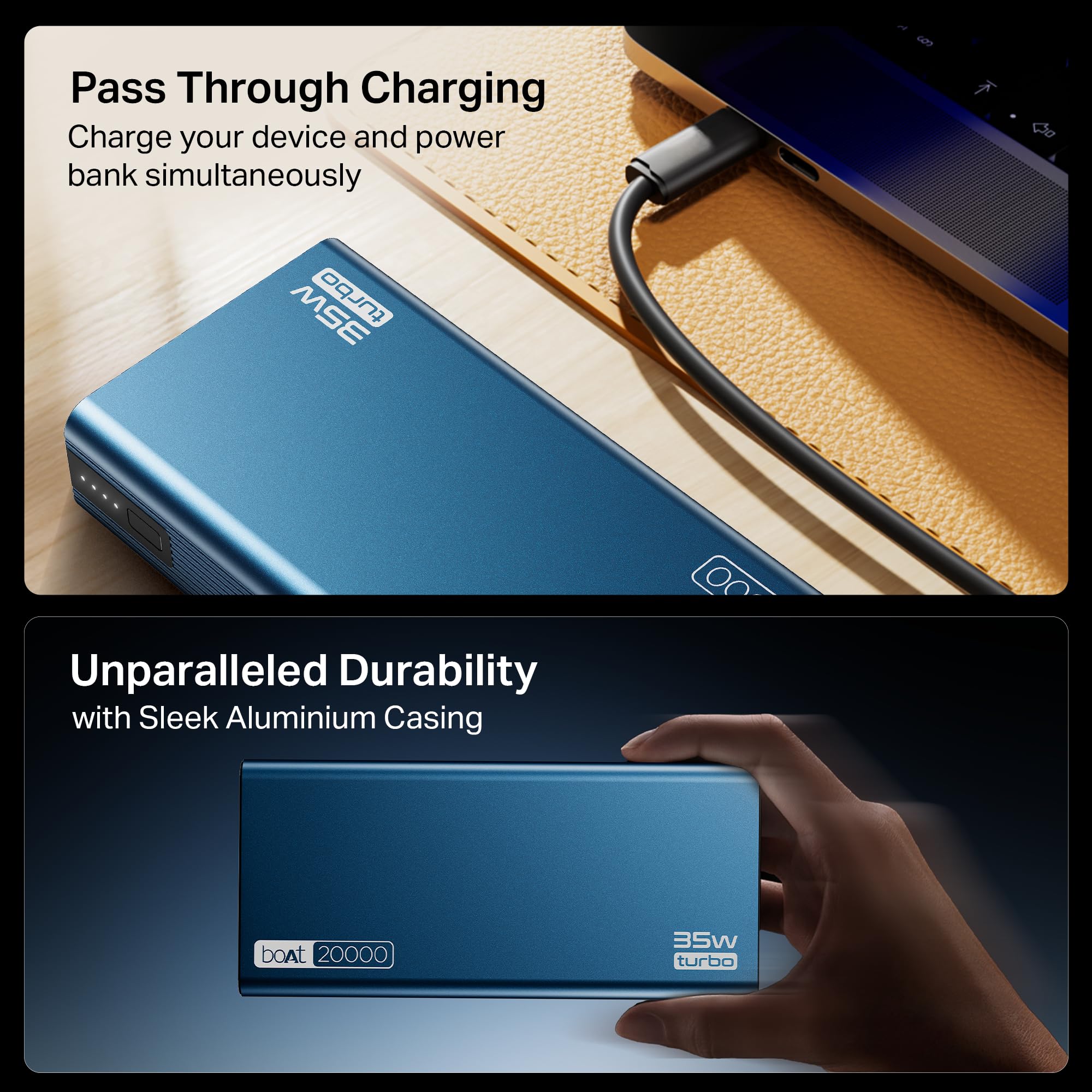 boAt Energyshroom PB435 20000 mAh 35W Super Fast Charging Power Bank, Smart 12 Layer Protection (4X Output Ports, Supports Android, iPhone, Tablets, Earbuds, etc.) (Navy Blue) — Amazon image 6