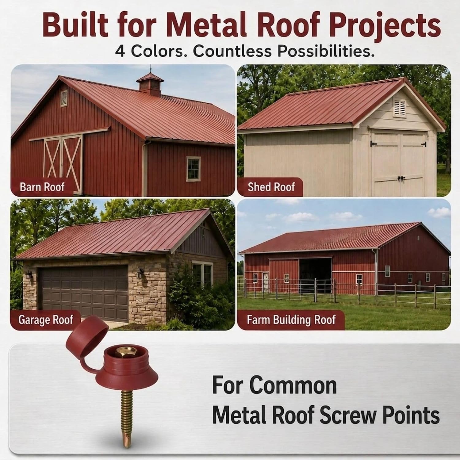 Metal Roof Screw Caps, PE Screw Cover Caps 100-Pack, Brick Red | Built-in galvanized steel washer tightens flush, blocks rain at screw points without sealant, for barn, shed, garage roofs