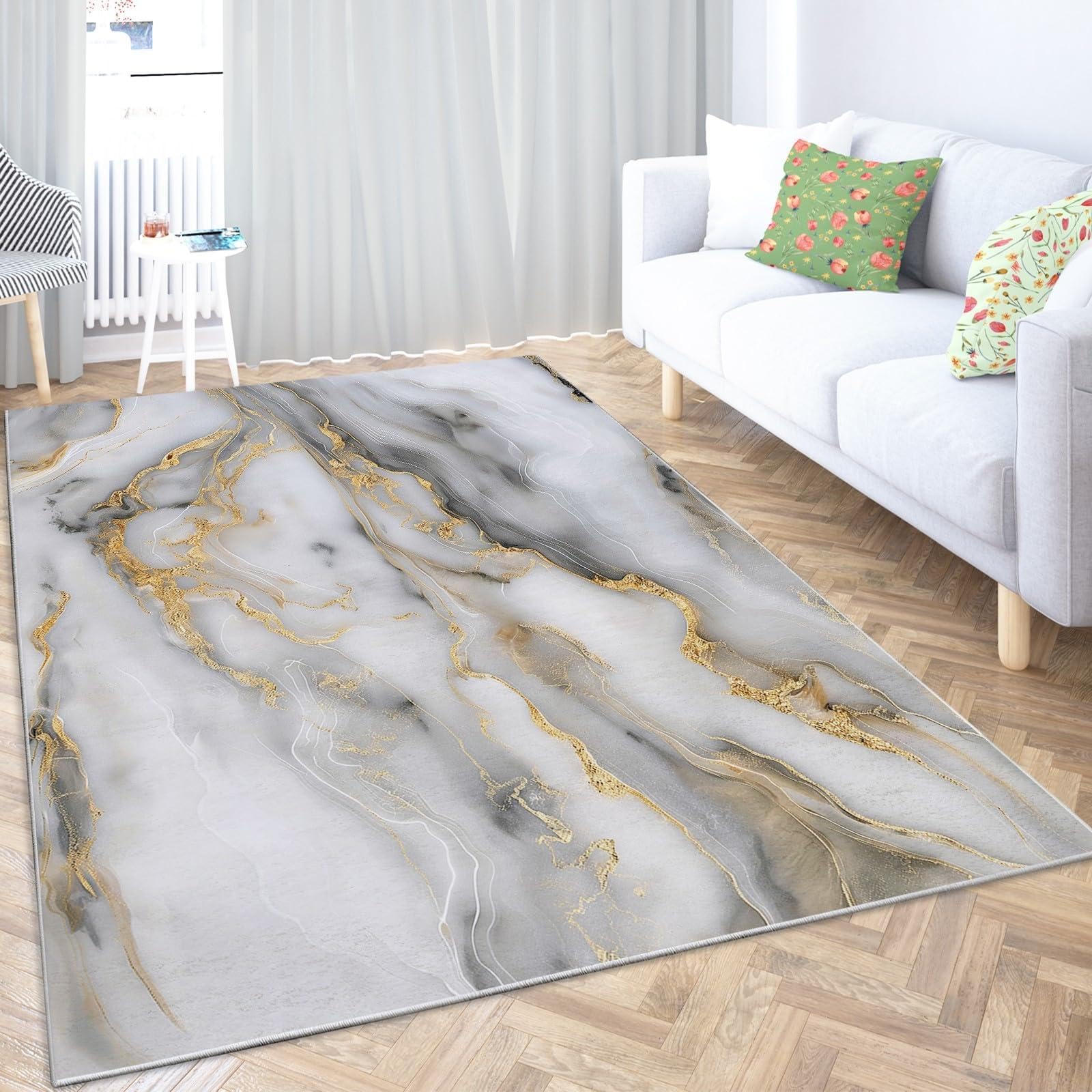 Tappeto in marmo grigio oro, tappeto per soggiorno, 160x240 cm, tappeto moderno per camera da letto a pelo corto, arte astratta, tappeto lavabile morbido e antiscivolo, tappeto per ufficio