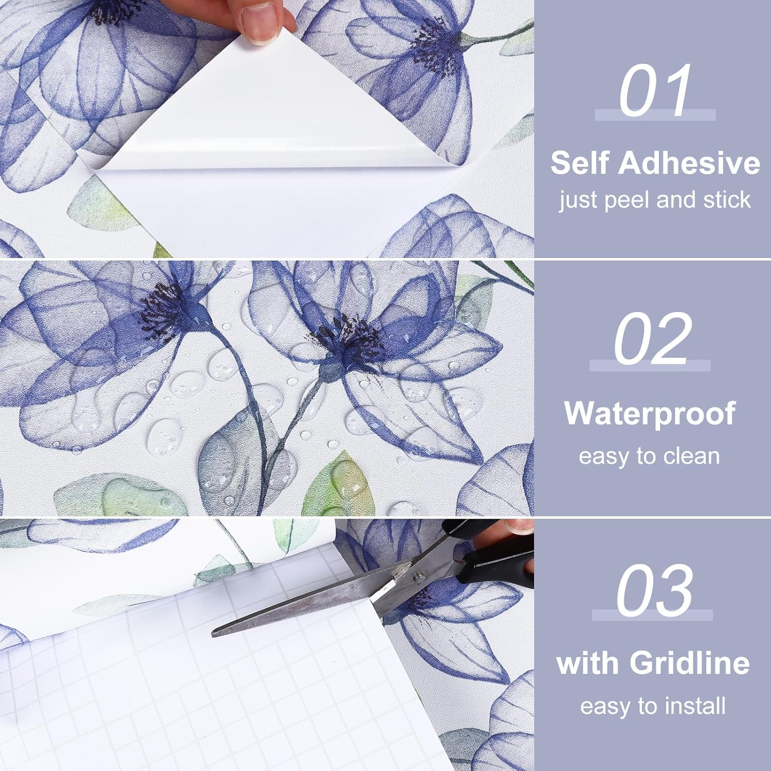 Purple Blue Floral Wallpaper Peel and Stick Botanical Floral Decorative Contact Paper for Cabinet Drawer Removable Stick on Flower Wall Paper Vinyl Roll for Bedroom Laundry Room 12"x118"