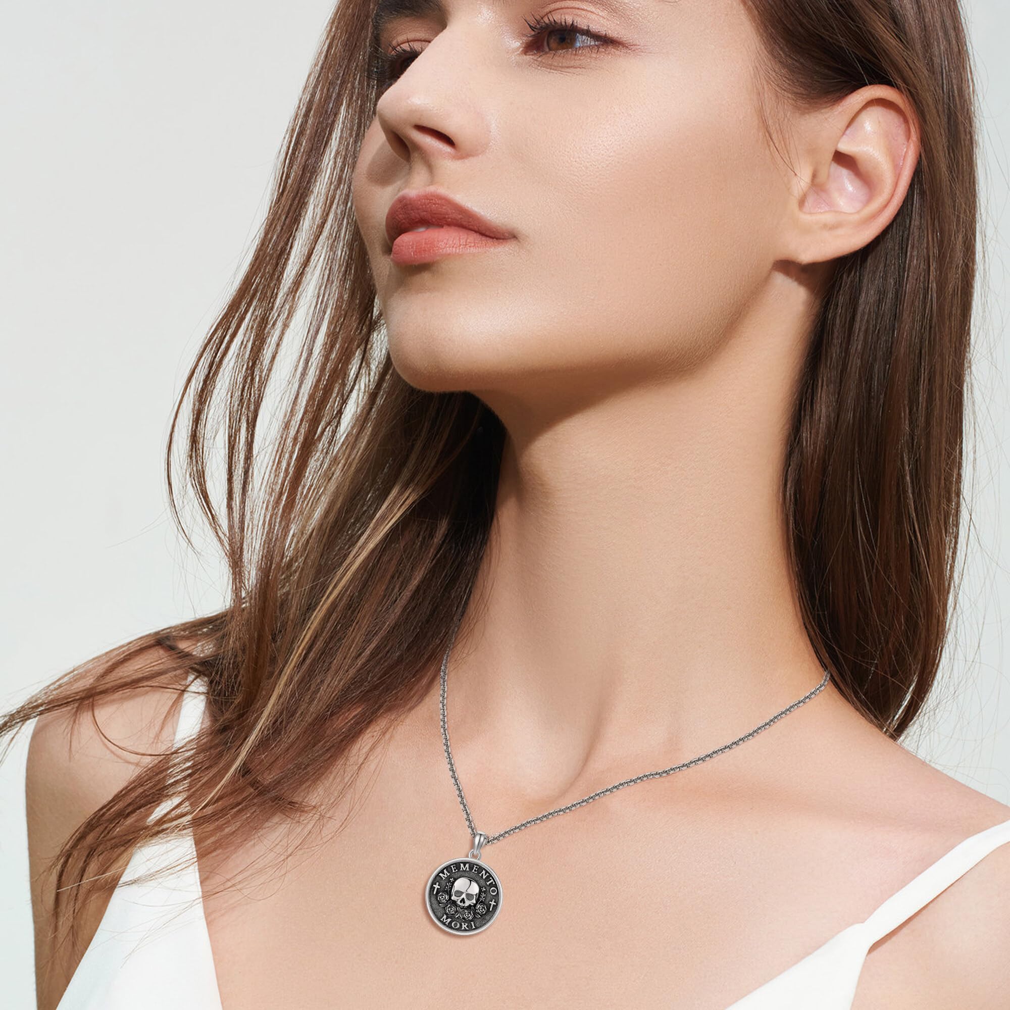 URONE Memento Mori-Halskette aus Sterlingsilber Memento Mori-Totenkopf-Rosen-Anhänger Totenkopf-Schmuck Geschenke für Frauen und Männer