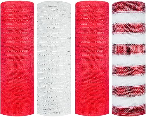 Cinta de malla, suministros de corona de malla decorativa, malla decorativa roja y blanca de 10 pulgadas, malla navideña para hacer coronas, lazos,