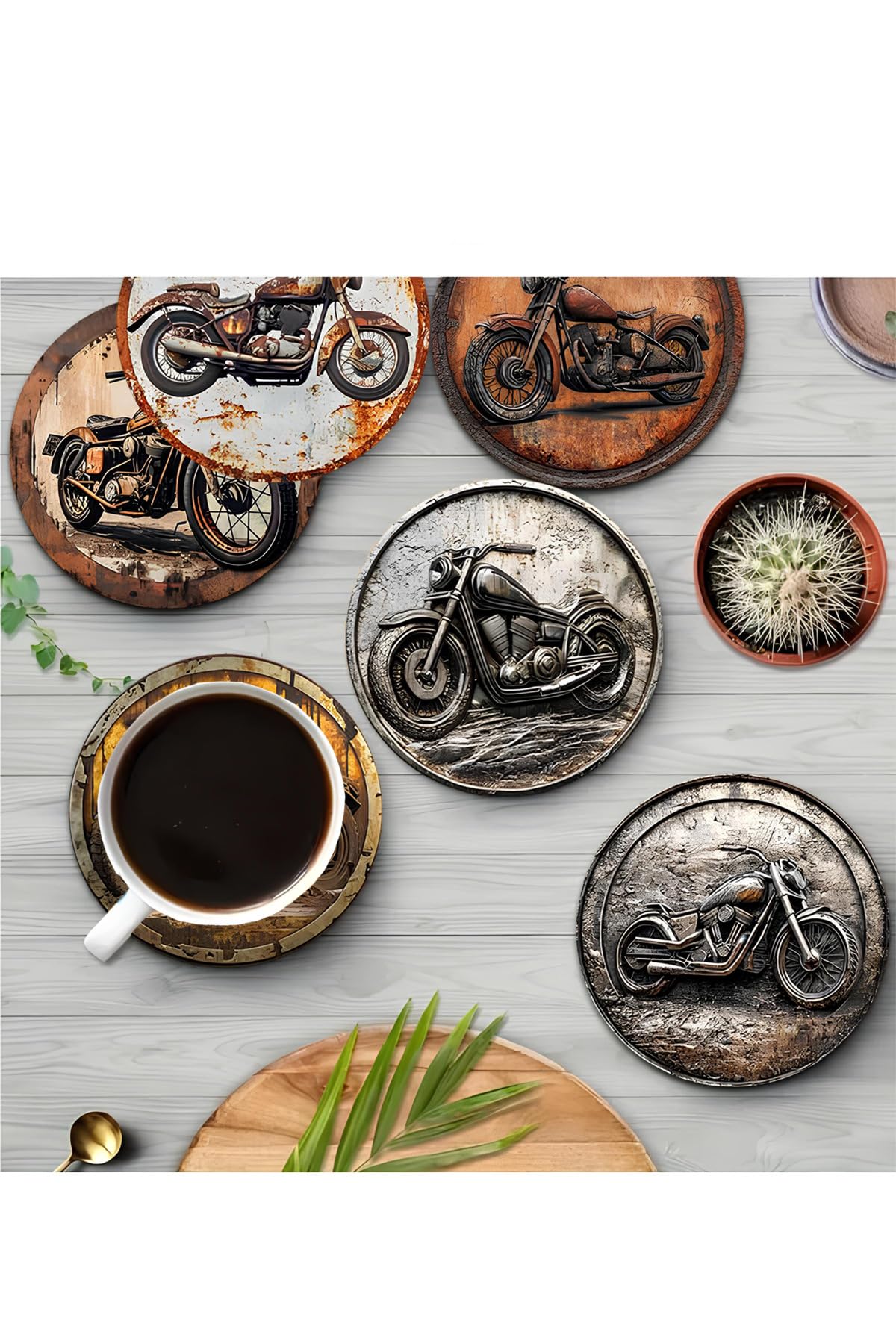 kutuTR Retro Motosiklet Temalı 6’lı MDF Bardak Altlığı Seti – 10 cm BRD-034