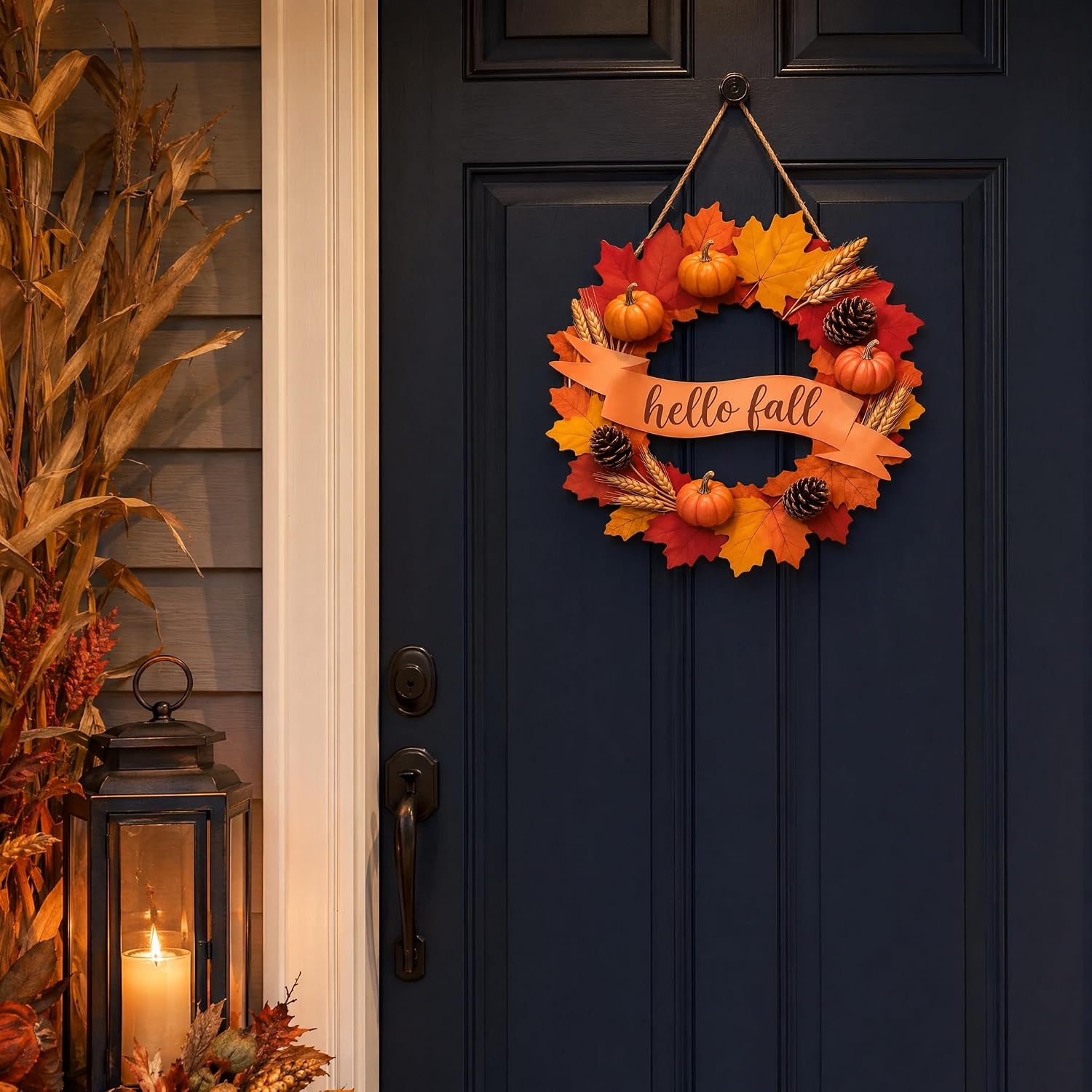 Hello Fall Sign 12" Wooden Fall Door Hanger with Maple Leaves Pumpkins Pinecones & Wheat Rustic Farmhouse Autumn Welcome Sign for Front Door Thanksgiving Harvest Decorations for Porch Wall Home
