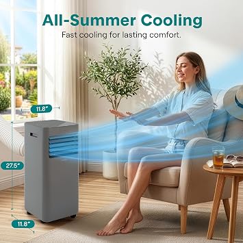 SereneLife Portable Air Conditioner 8000 BTU | Cools Rooms up to 300 sq ft | 3-in-1 Cooling, Fan & Dehumidifier | 24-Hr Timer & Remote| Standing Portable AC Unit with Window Kit and Rolling Wheels