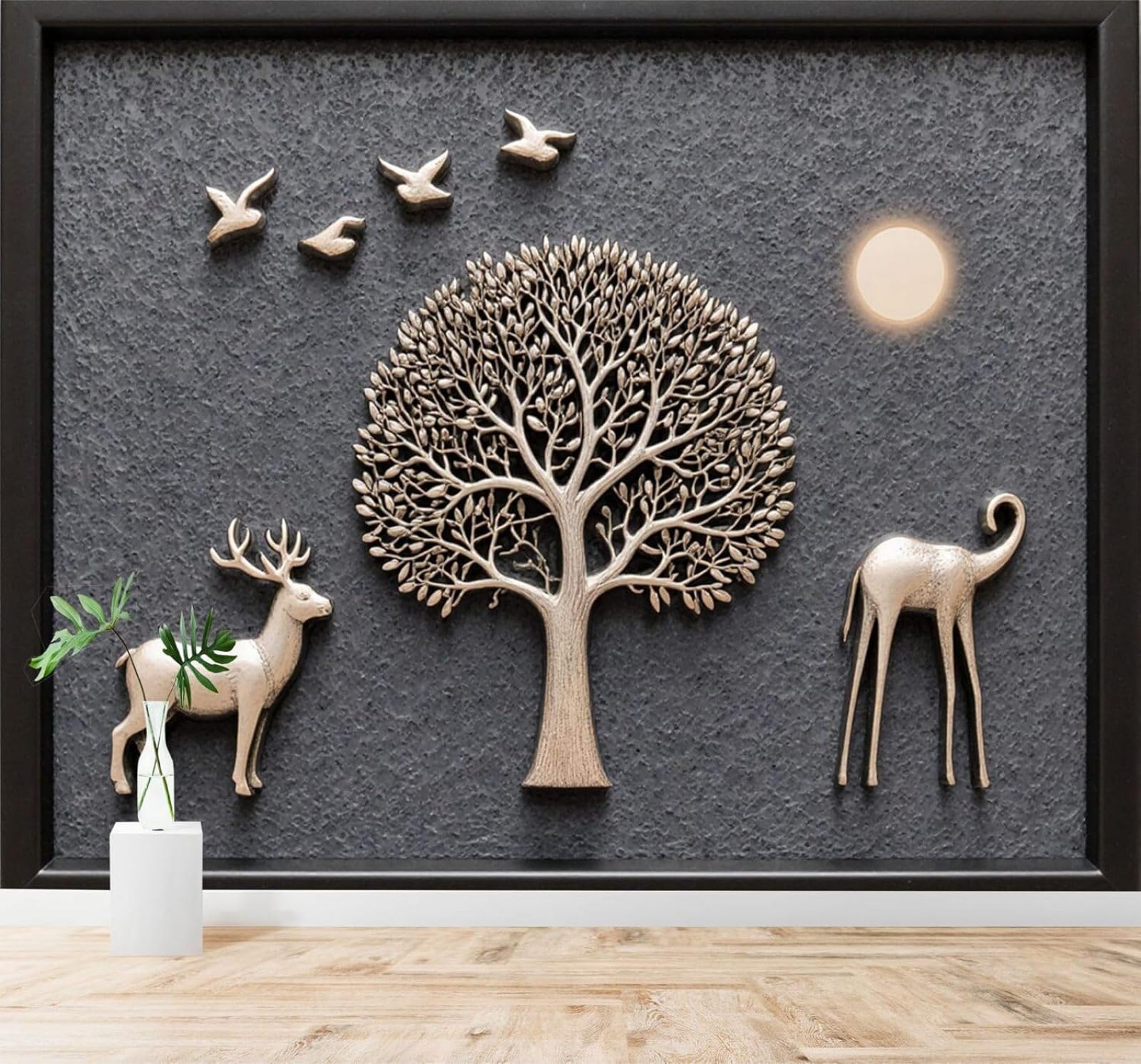 XLMING Golden Deer Birds Moon Art Trees 3D Wallpaper Silky Texture Home Study Office Grey Dining Room Sofa Bedroom Living Room TV Backdrop-200cm×140cm