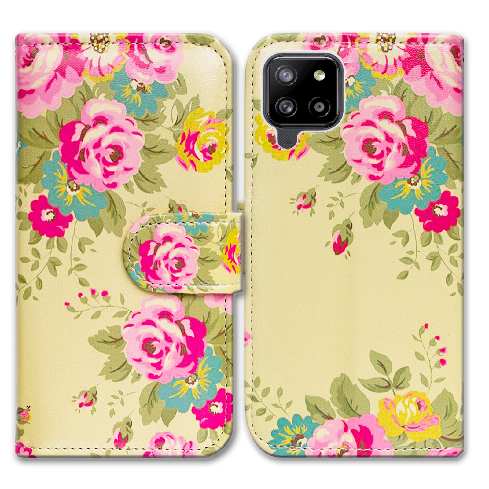 Bcov Galaxy A42 5G Case, Pink Flower Yellow Leather Flip Phone Case Wallet Cover with Card Slot Holder Kickstand for Samsung Galaxy A42 5G 2021
