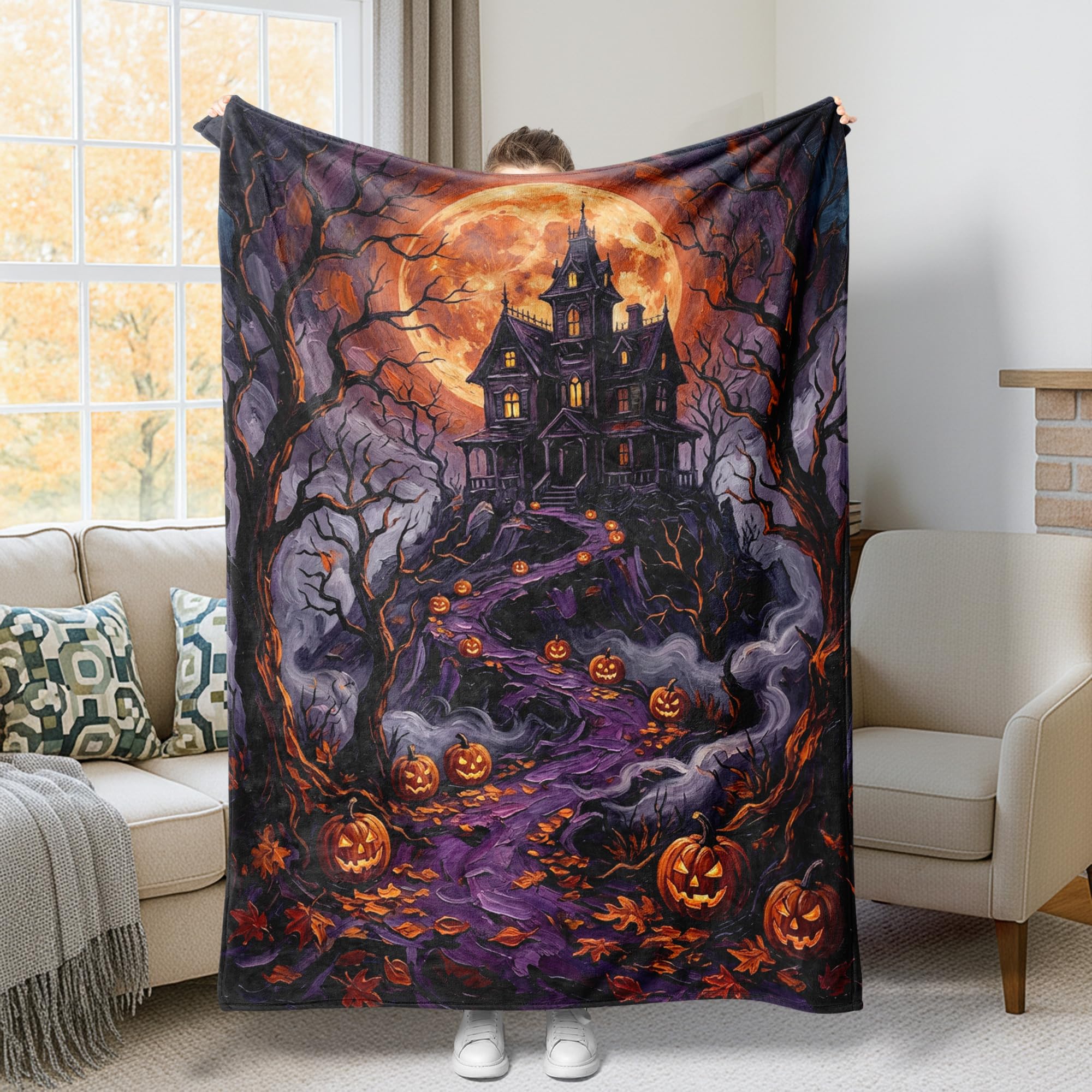 Couverture pelucheuse Halloween orange 150x200cm plaid maison hantée