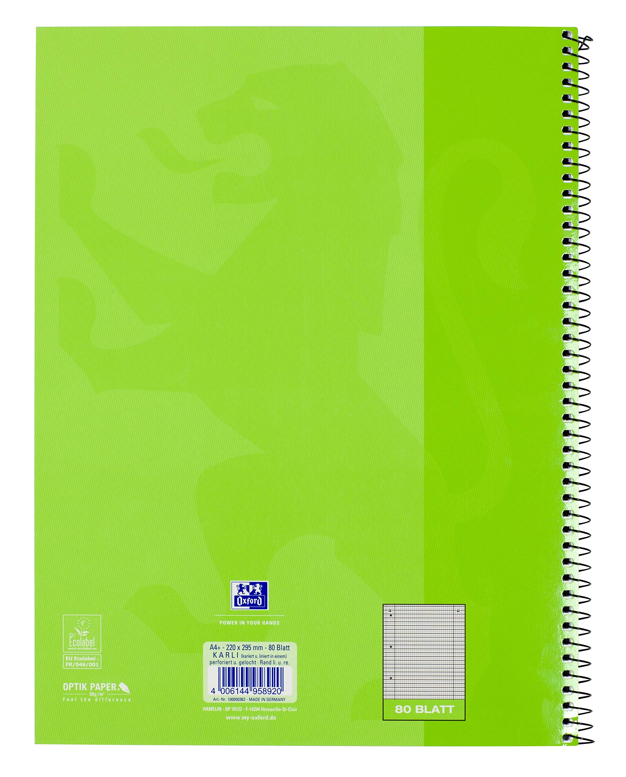 Oxford KarLi 100050362 - Cuaderno de espiral (10 unidades, cuadriculado con rayas, 80 hojas, A4+, 90 g/m²), color verde