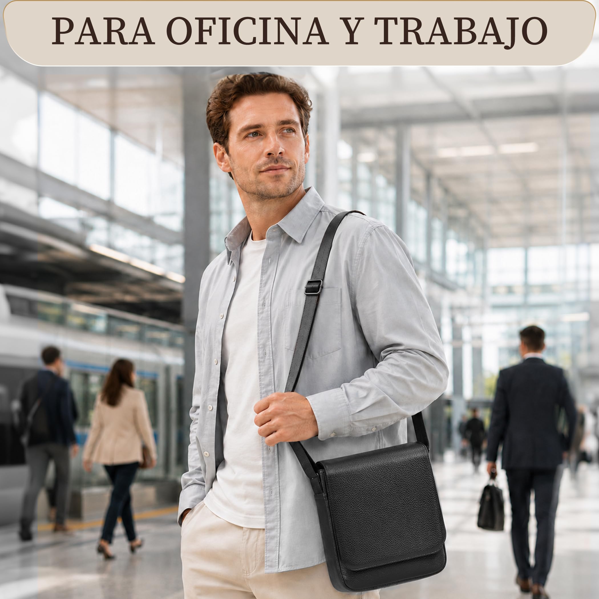 Eshow Bandoleras de Cuero Genuino con Bloqueo RFID para Hombre | Bolso Antirrobo para Trabajo Universidad Negocio Viajes y Desplazamientos Urbanos