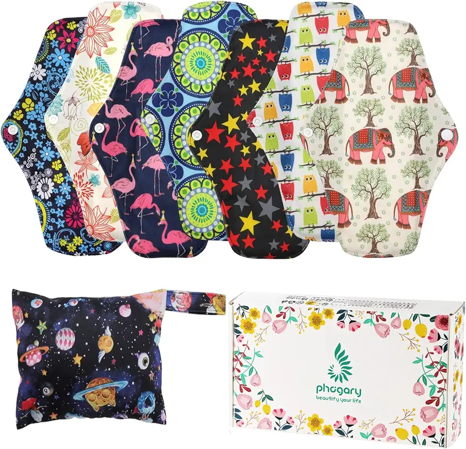 Reusable Menstrual Pads (7 in 1, 10in*7in), PHOGARY Bamboo Cloth Pads for Heavy Flow with Wet Bag, Large Sanitary Pad Set with Wings for Women, Washable Overnight Cloth Panty Liners Period Pad