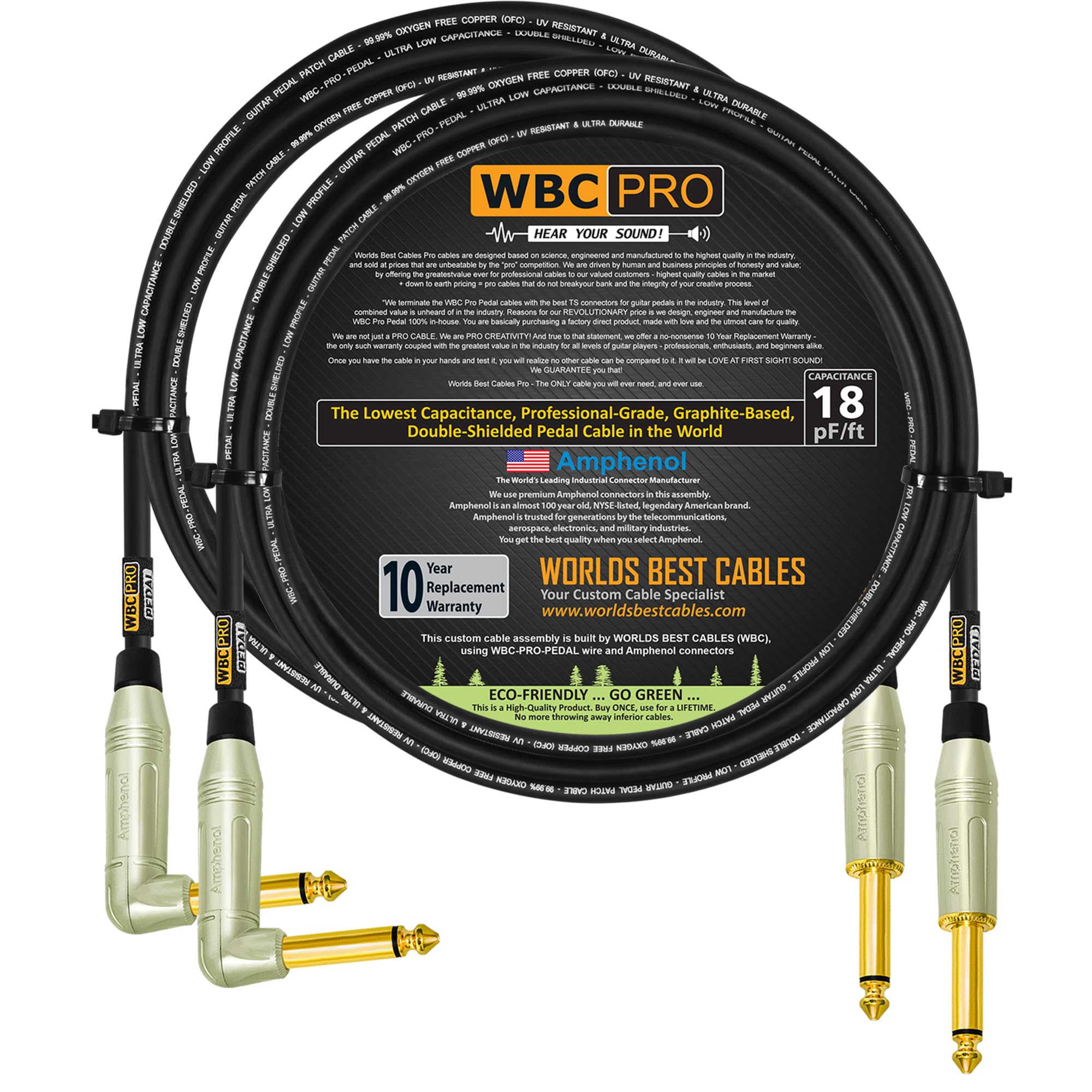 2 unidades, 5 pies, pedal WBC-PRO, 22 AWG, tapa baja (18 pF/pie), grado profesional, basado en grafito, pedal de doble blindaje, efectos, parche, cable de instrumento y conectores TS dorados en ángulo