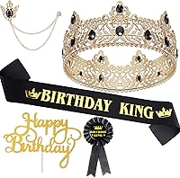 Vista 9 de Junkin 5 accesorios de cumpleaños para hombre, incluyen corona de rey con banda de hojalata, broche de cadena colgante para fiesta de cumpleaños