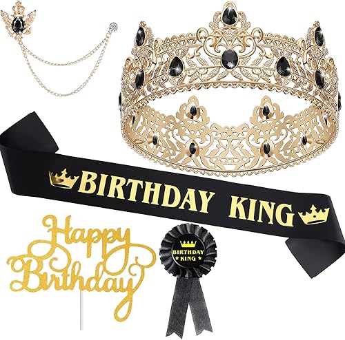 Junkin 5 Pieces Birthday Man Accessories Include King Crown King Sash Tinplate Badge Pin Brooch Hanging Chain Crown for Man Birthday Party