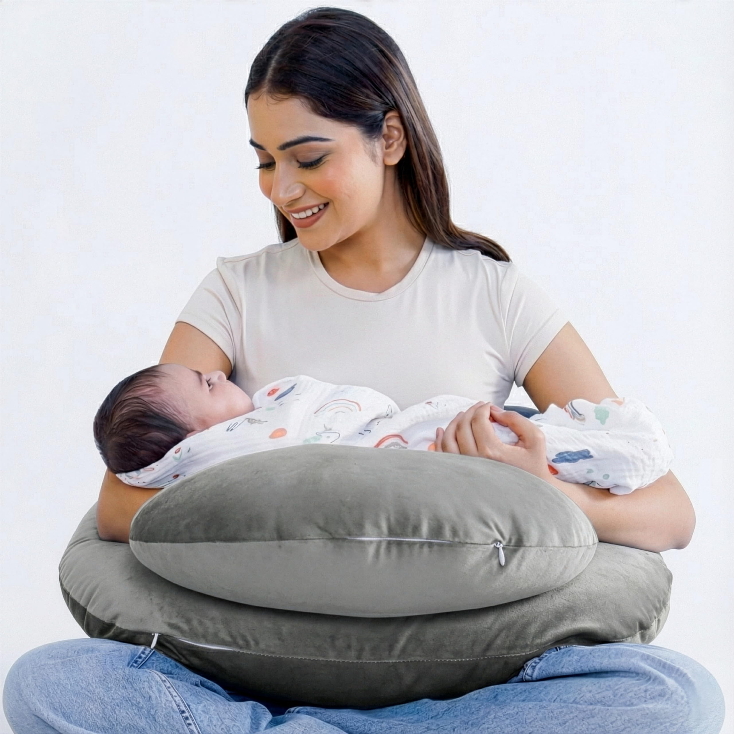 Cherilo Feeding Pillow for New Born Baby | Plus Size Breast Feeding Pillow & Bottle Feeding Support Pillows with Safety Fence Design | Adjustable Waist Belt | Soft Removable Velvet Cover – Grey