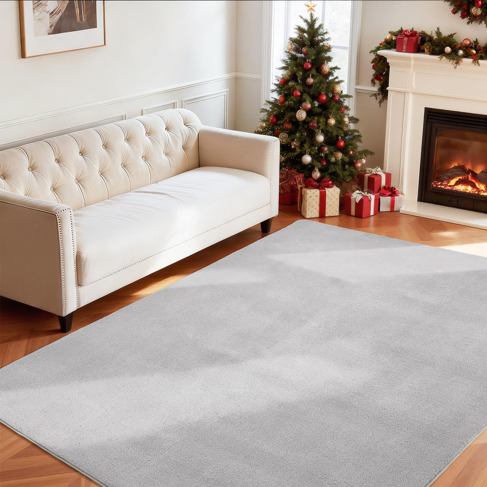 Wohnzimmerteppich, Kurzflor Teppiche Wohnzimmer Deko Flauschiger Weich Waschbarer & Anti-Rutsch Modern Einfarbiges Teppich für Schlafzimmer, Kinderzimmer, Bettvorleger Matte, 240x340cm, Hellgrau