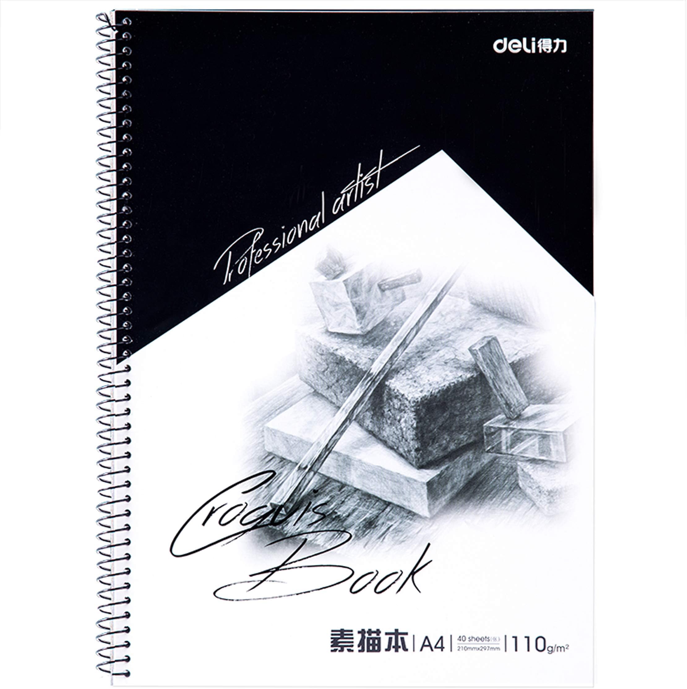 Deli 7698 A4-40pages Technical Art Sketch Book, Side-spiral Binding, 110g Drawing Paper, White - Ideal for Sketching & Painting.