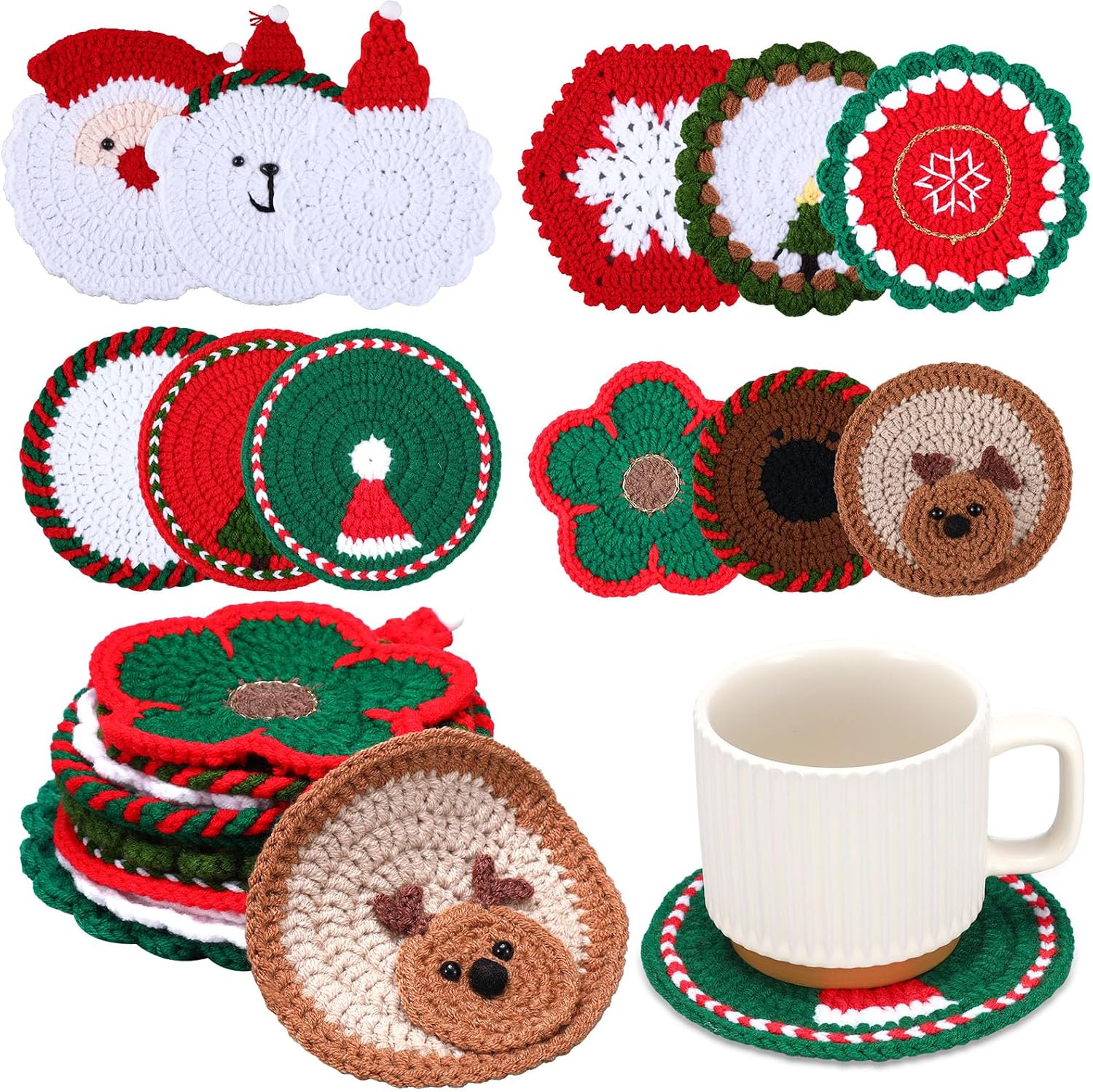 SmoothNovelty 12 Pcs Christmas Coasters Crochet Xmas Elk Coaster 4 Inch Red Green Knitted Handmade Woven Santa Claus Drink Cup Pad Mats for Christmas Xmas Holiday Kitchen Party Decor Gifts