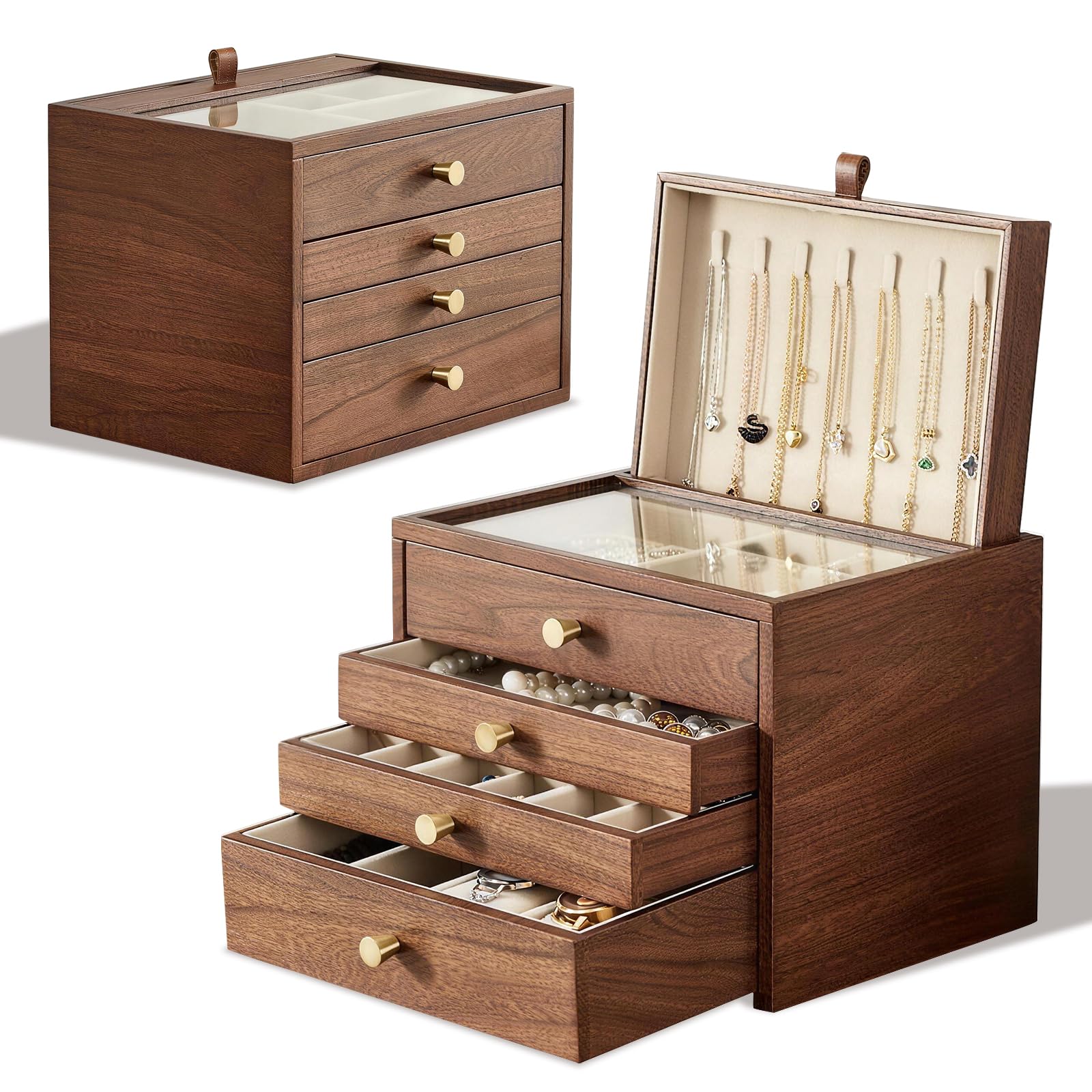 Joyero grande de madera para mujer, organizador de 4 capas de nogal negro con tapa de cristal, caja de almacenamiento clásica para anillos, collares, pendientes, relojes, regalos del día de