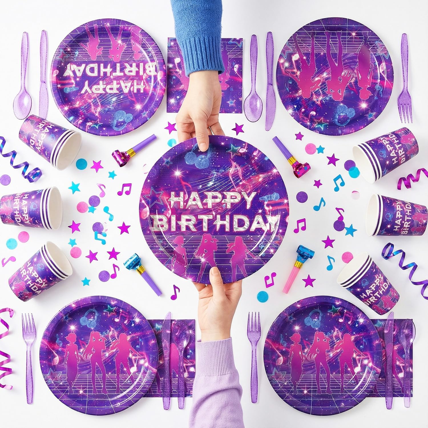 140Pcs Kpop Music Theme Birthday Party Supplies Serves 20 Guests Includes 9 and 7 Inch Plates Napkins Cups Purple Cutlery Rock Star Karaoke Decorations for Girls Teens