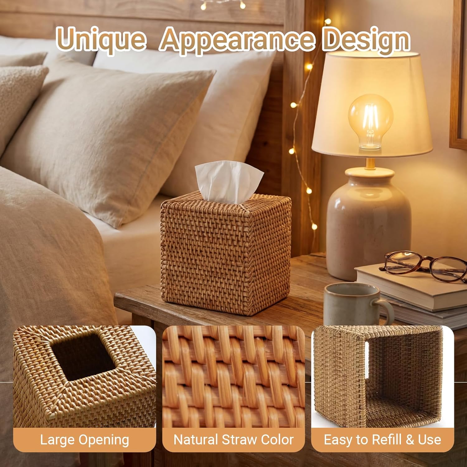 Rattan Tissue Box Cover, Natural Woven Wicker Tissue Box Holder Square, Simple & Cozy Boho Decorative Facial Napkin Holder for Bathroom Living Room Kitchen Desk, 5.5x5.5x5.9 Inch-4 Pack, Local Stock