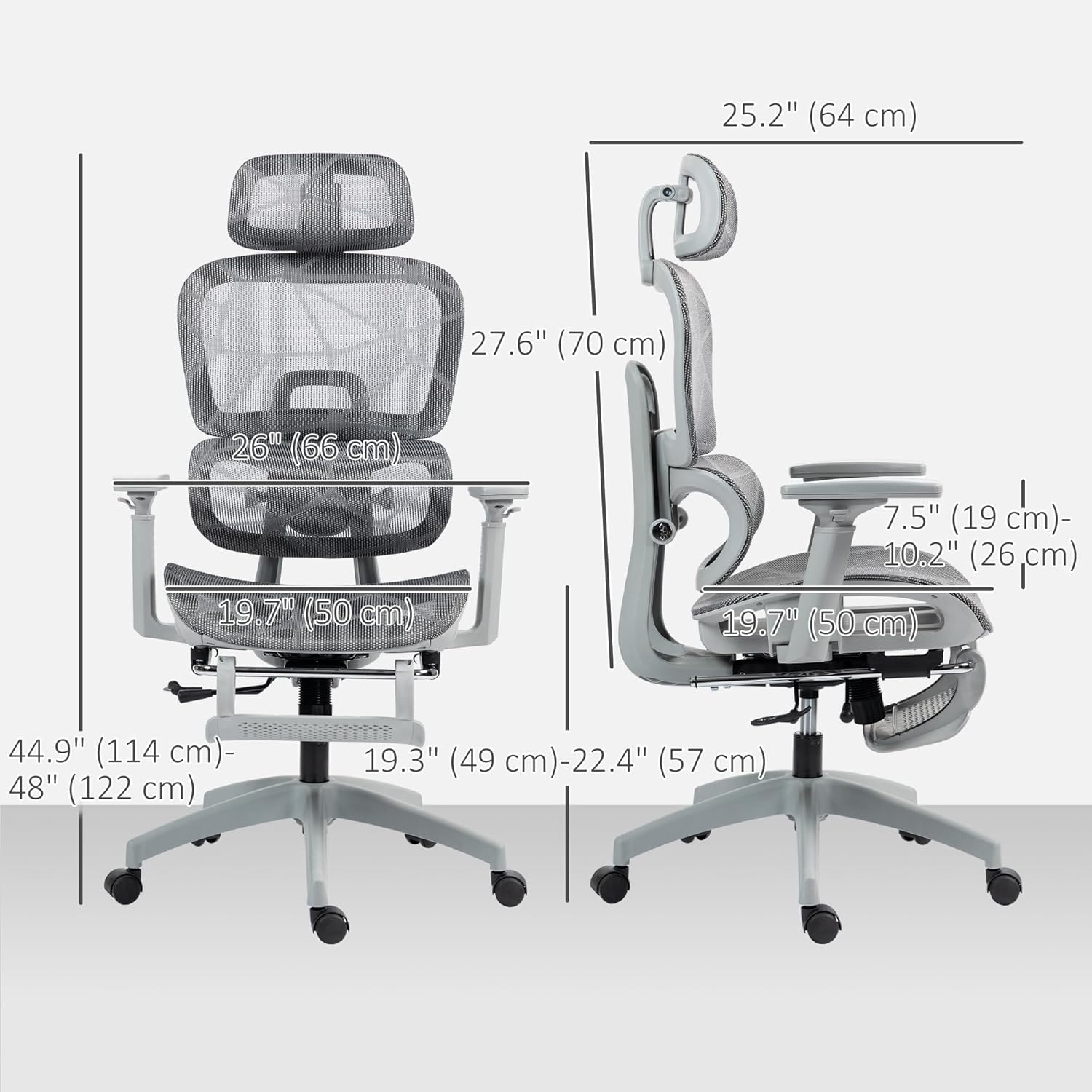 Diagram showing detailed dimensions of the HOMCOM Ergonomic Mesh Office Chair