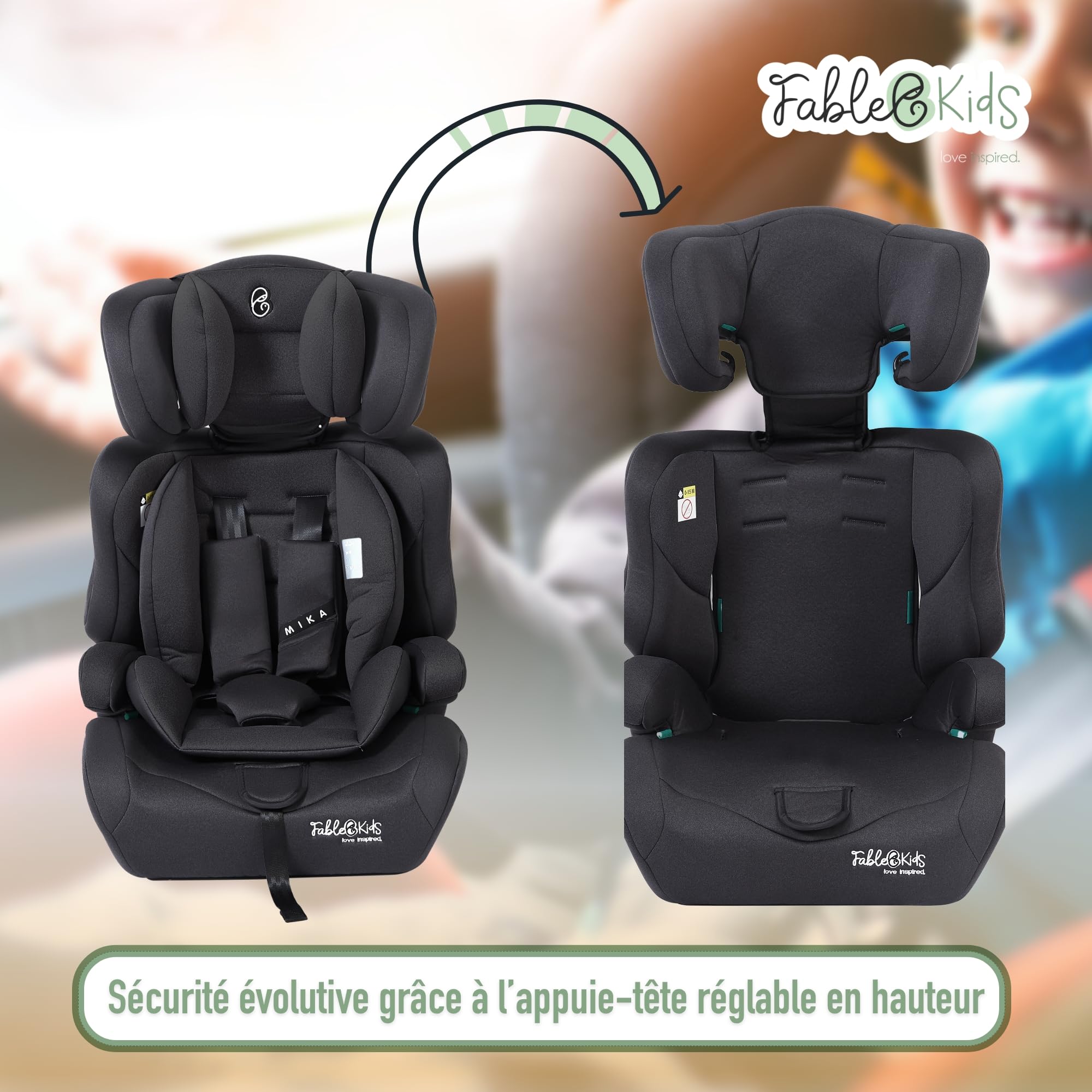 FableKids Siège auto pour enfants | Ceinture de sécurité à 3 points | Siège auto pour enfants 76-150 cm | Siège enfant appui-tête réglable | ECE R129/03 | Réglable 44,5x41x68-75cm | Gris