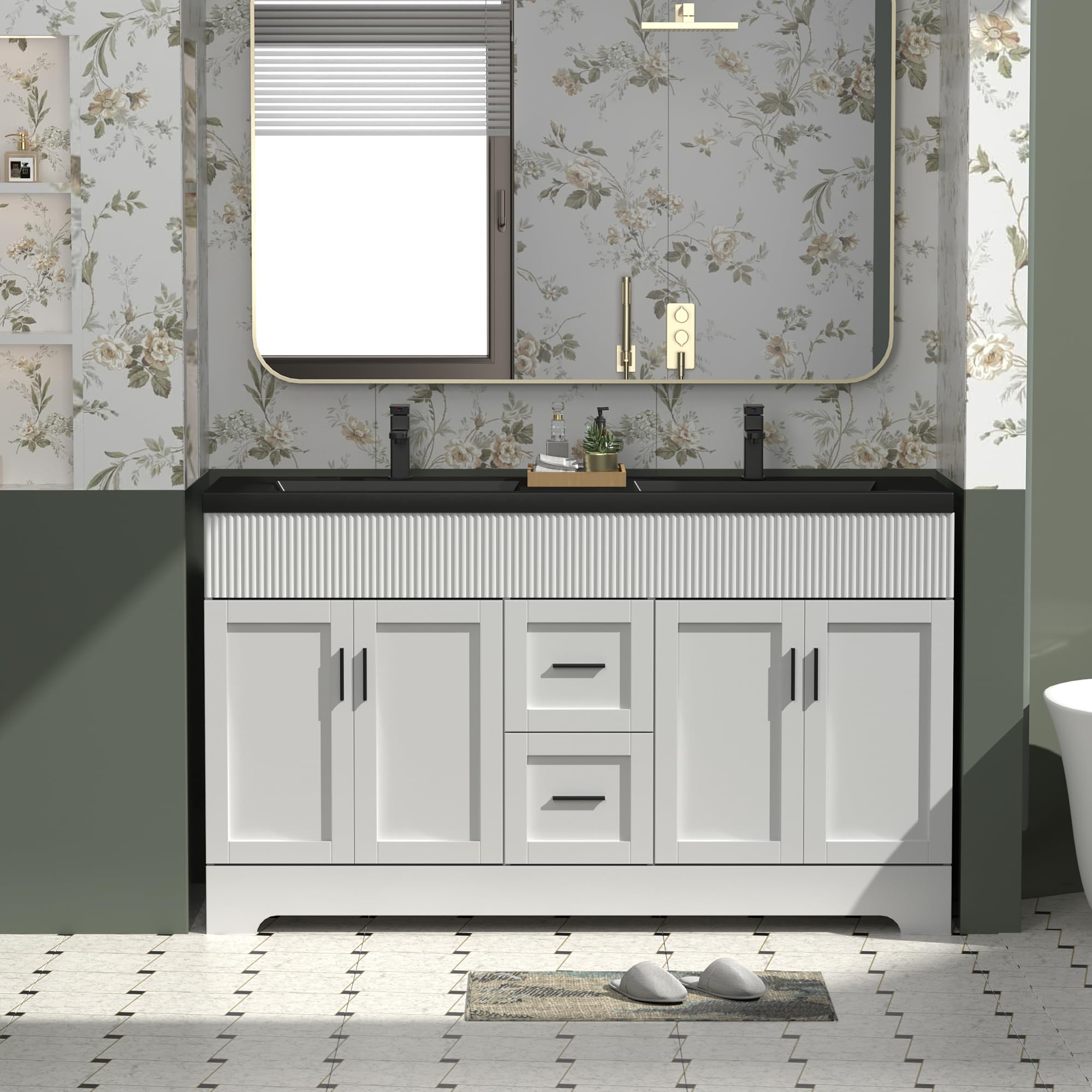 eclife 60" Bathroom Vanities Sink Combo with Painted Surface, Modern Drawered Cabinet W/Decorative Wave Lines, Undermount Double Black Sink, Matte Black Faucet Drain, White