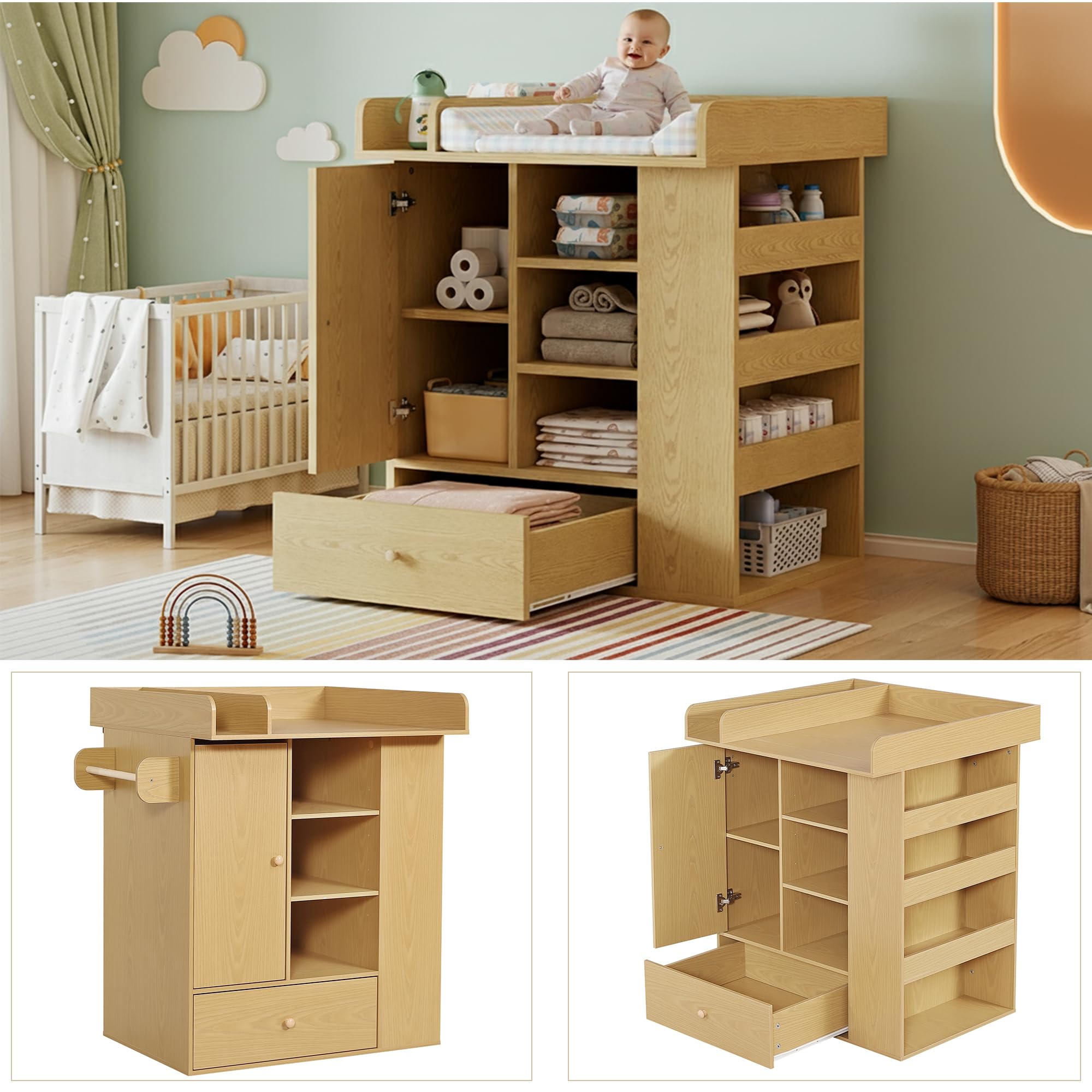 Tidyard Wickelkommode mit Schublade und Schrank, Handtuchhalter, Naturholz, für Neugeborene, Babypflege, Kinderzimmer, Baby Erstausstattung