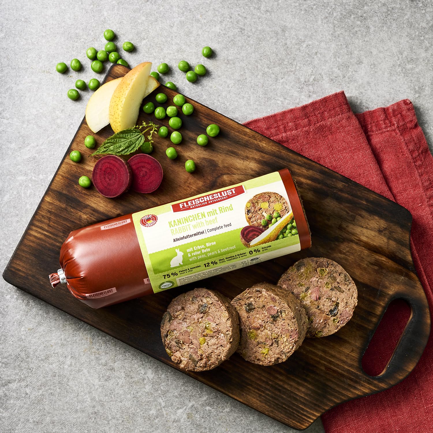 Fleischeslust Salchicha para perros, conejo y ternera con guisante, pera y remolacha, 6 x 800 g, comida húmeda, resistente a los cortes, sin cereales, pienso completo para perros adultos
