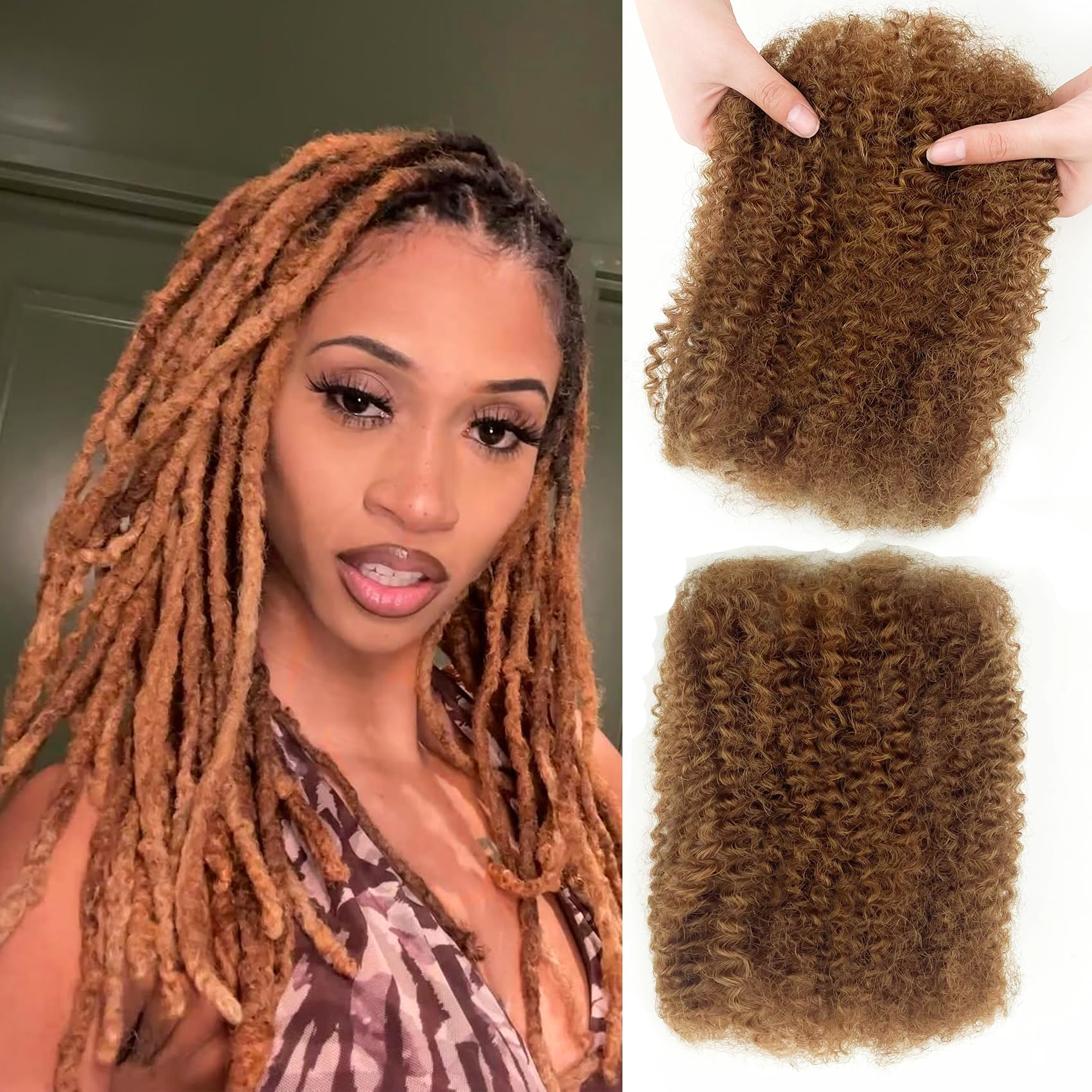 Afro Kinkys Bulk Human Hair 4C Afro Kinky Curly Bulk Human Hair Honey Brown Natural A fro Bulk for Dreadlocks,Repair Locs