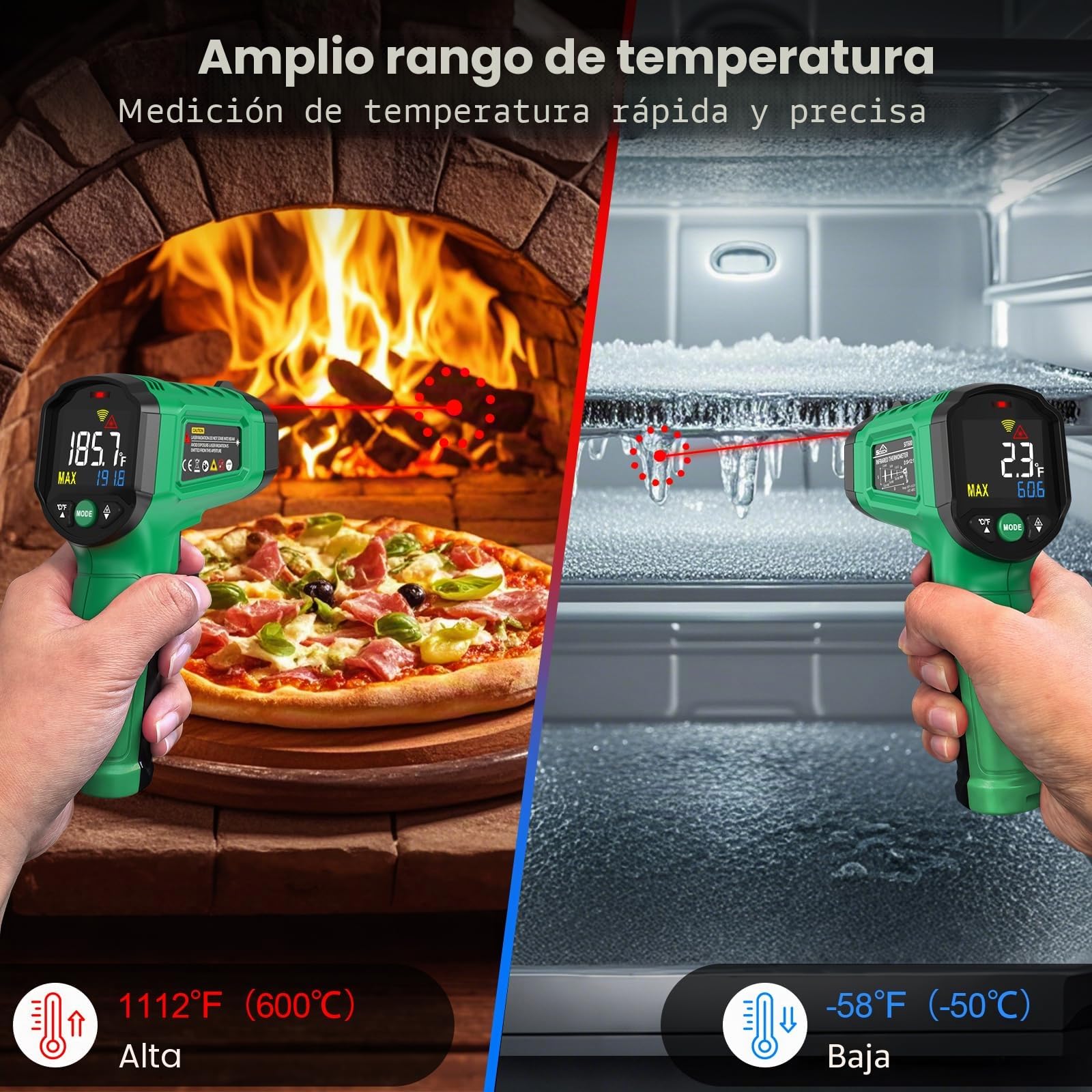Termómetro Infrarrojo SQECH Láser -50℃~600℃ Emisividad Ajustable Retroiluminación Color Verde