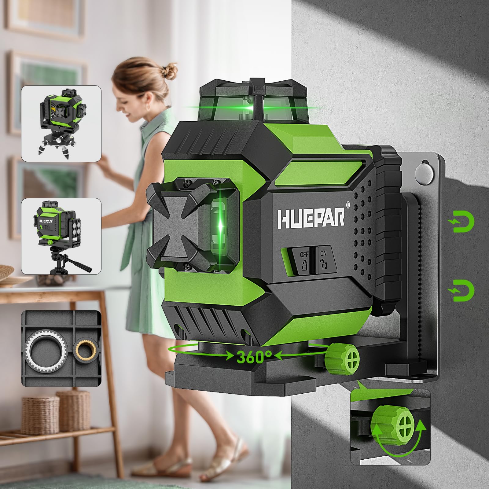 Huepar 3 x 360 Kreuzlinienlaser Selbstnivellierend, Laserwasserwaage grün 3D mit Pulsmodus, 12 laserliner mit wiederaufladbarem, integrierter Magnethalterung und Hartschalenkoffer 703CG