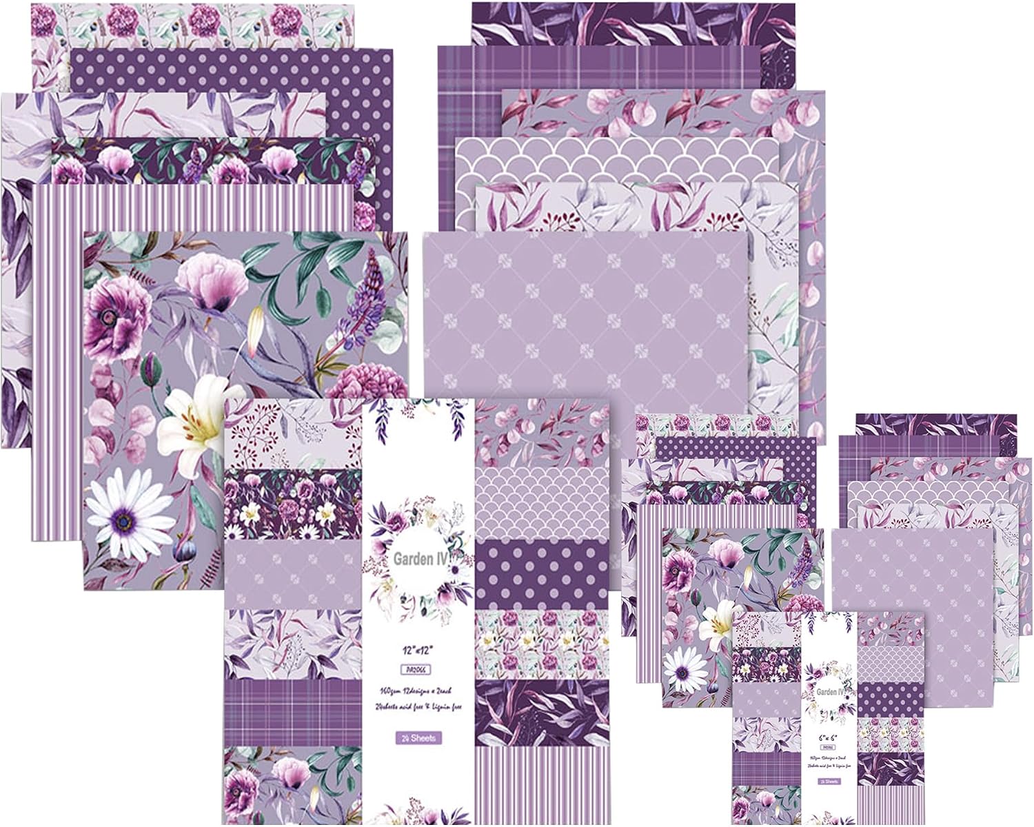 Purple Floral Pattern Paper, 48 Sheets/12 Designs Garden Craft Paper, Watercolor Card Making Crafting Cardstock, Colorful Decorative Journal Scrapbooking Supplies 12x12 & 6x6