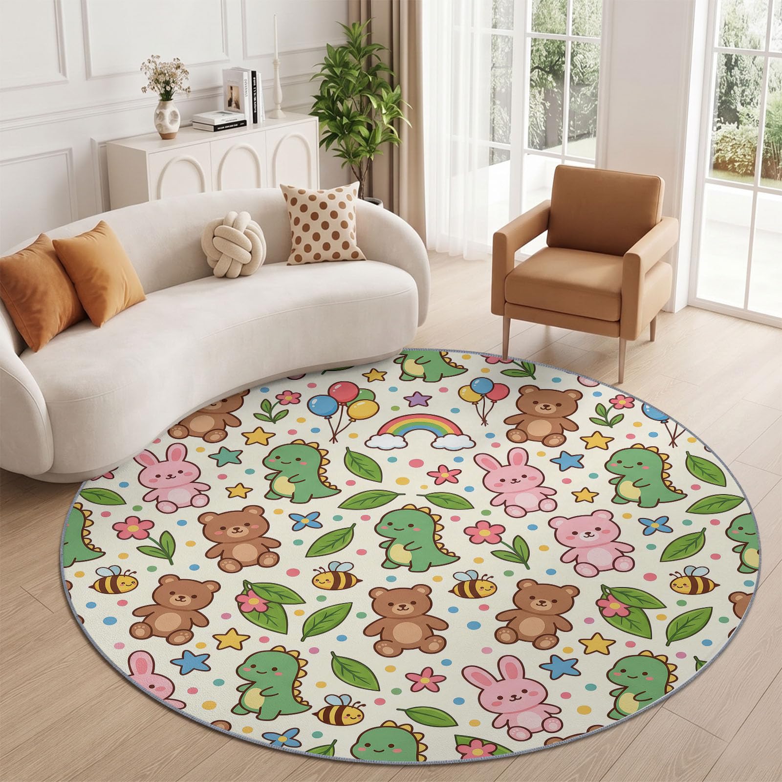 Tapis Rond Vert 160 cm, Cartoon Dinosaure Salon Doux Poil Ras Tapis