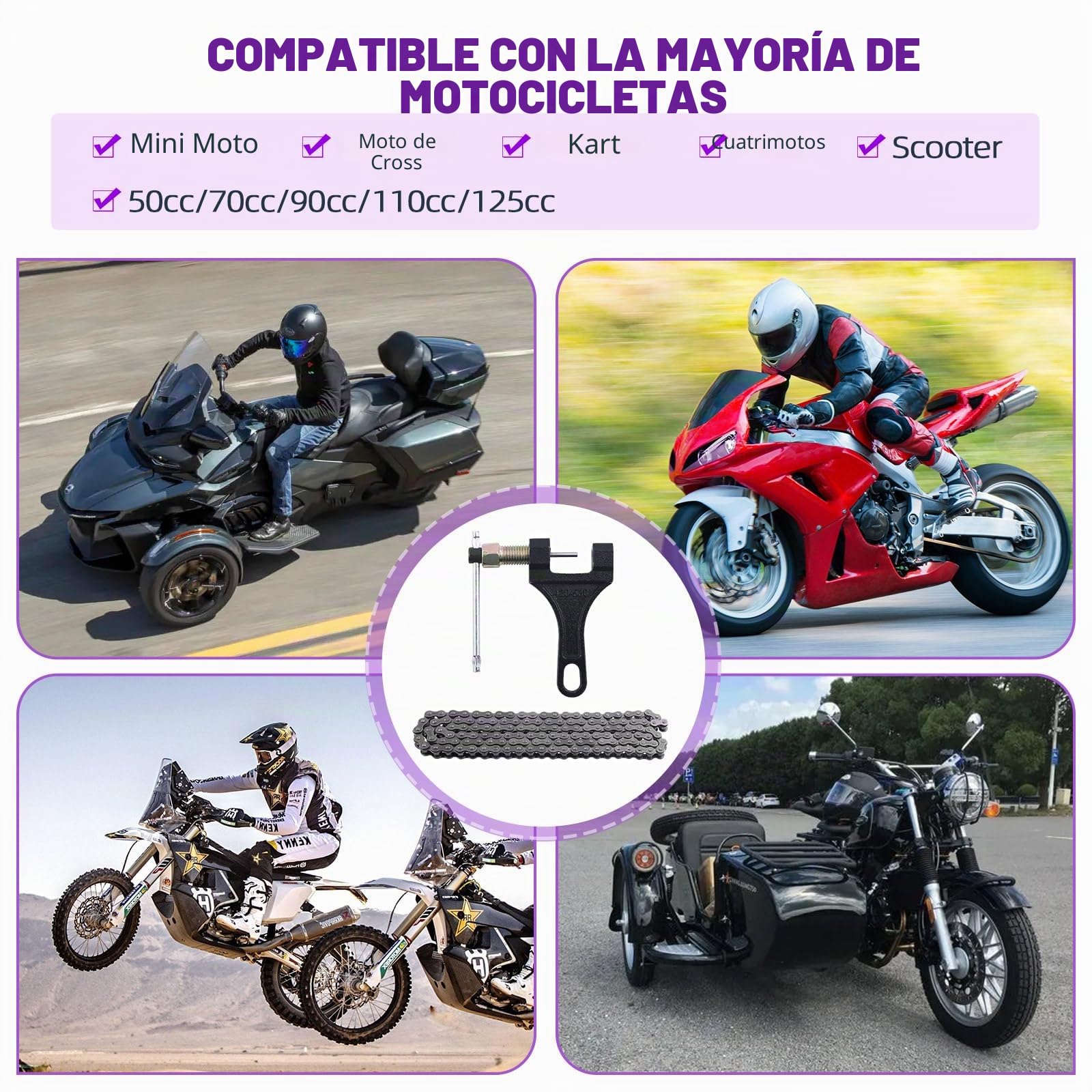 Sweet 2 cadenas 59" y 420 para motocicleta, 132 enlaces y trituradoras, juego de surtido de cadena de transmisión de acero al carbono, apto para motos 110 cc 125 cc Dirt Pit