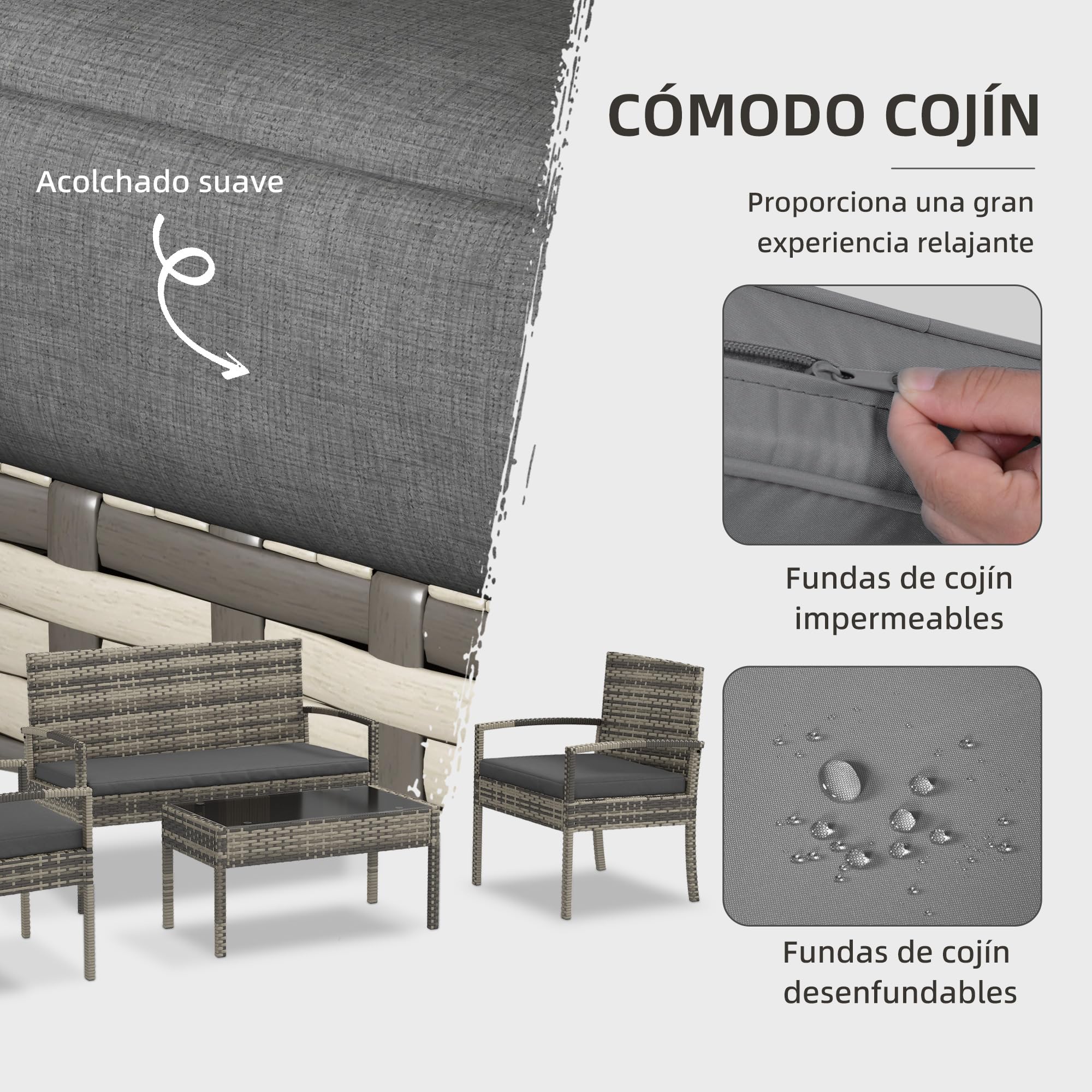 Outsunny Conjunto de Jardín de Ratán Sintético Juego de 4 Piezas Muebles de Jardín con 2 Sillones 1 Sofá de 2 Plazas y 1 Mesa de Centro de Tablero de Vidrio Anti-UV para Patio Gris
