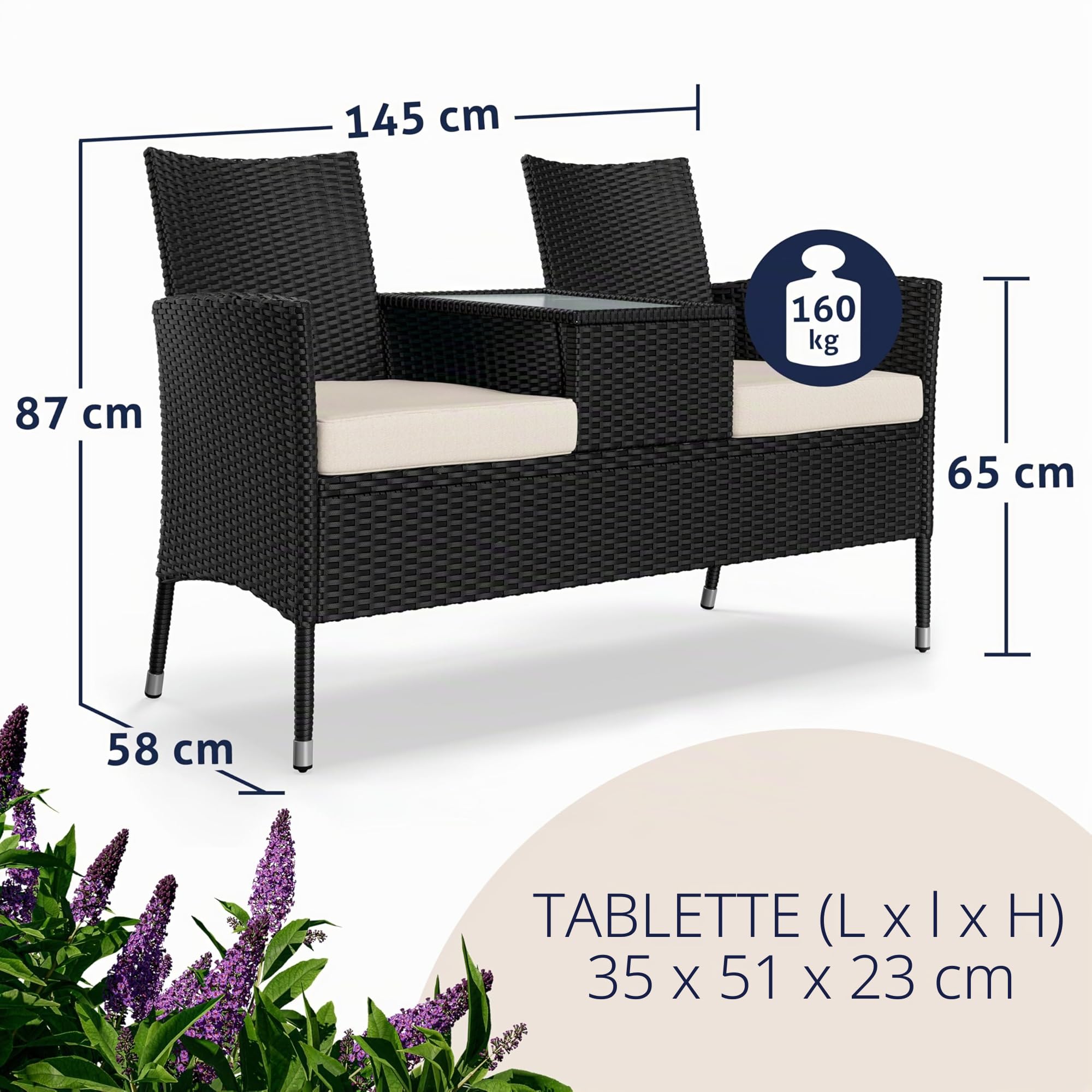 Banc de Jardin en polyrotin 2 Places avec Coussins Table intégrée 143x64x87 cm Salon de Jardin extérieur Noir