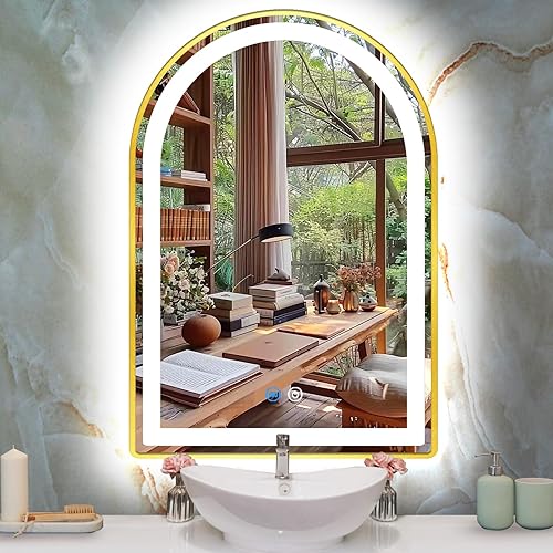 Miniatura 8 de Espejo LED de arco con marco dorado de 20 x 30 pulgadas para baño, salón, mesa de pared, espejo de tocador de maquillaje con luces, marco dorado,