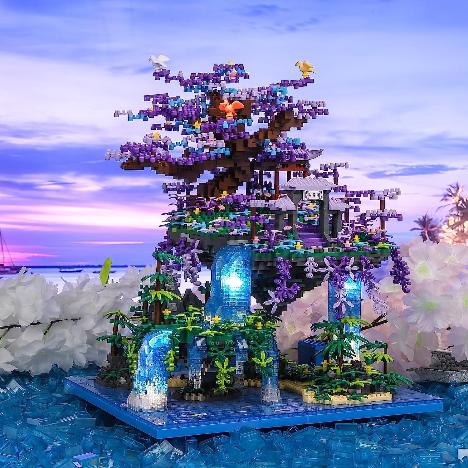 Juego de bloques de construcción de flores de melocotón, 4574 piezas, arquitectura The Moon Palace Pavilion Micro Mini Bloques de construcción, Peach Blossom Pool Bloques de sujeción para