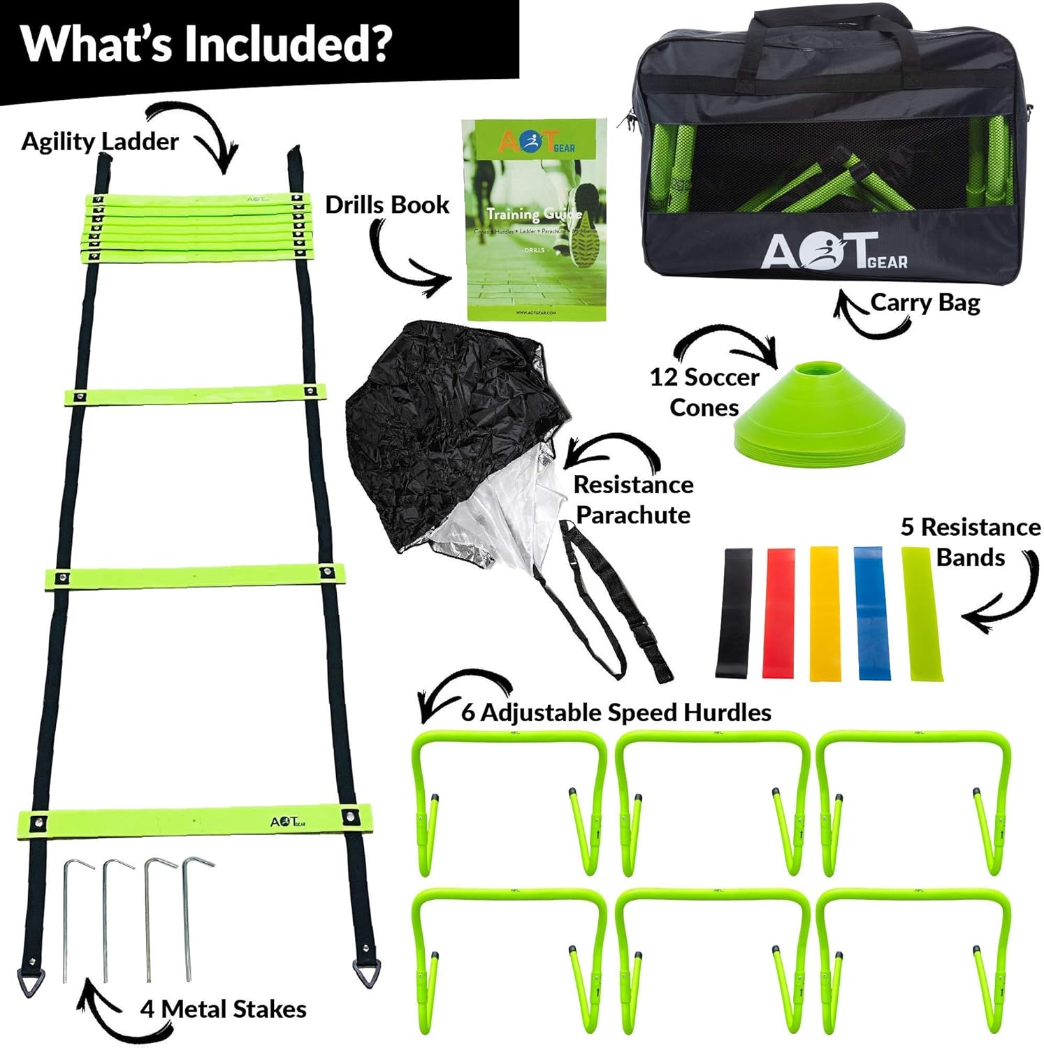 AOT Gear Speed and Agility Training Equipment - Complete Set Includes Agility Ladder, 6 Adjustable Hurdles, 12 Soccer Cones, Running Parachute, 5 Pack Resistance Bands, Carrying Case and Drills Book : Sports & Outdoors