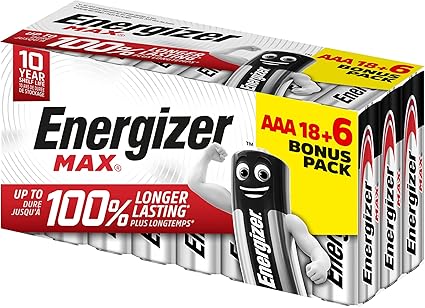 El pack de 18+6 pilas AAA Energizer - MAX ofrece energía ininterrumpida para dispositivos cotidianos, con durabilidad de hasta 10 años, sin fugas ni sulfatación. Con compromiso ambiental y reciclaje recomendado.