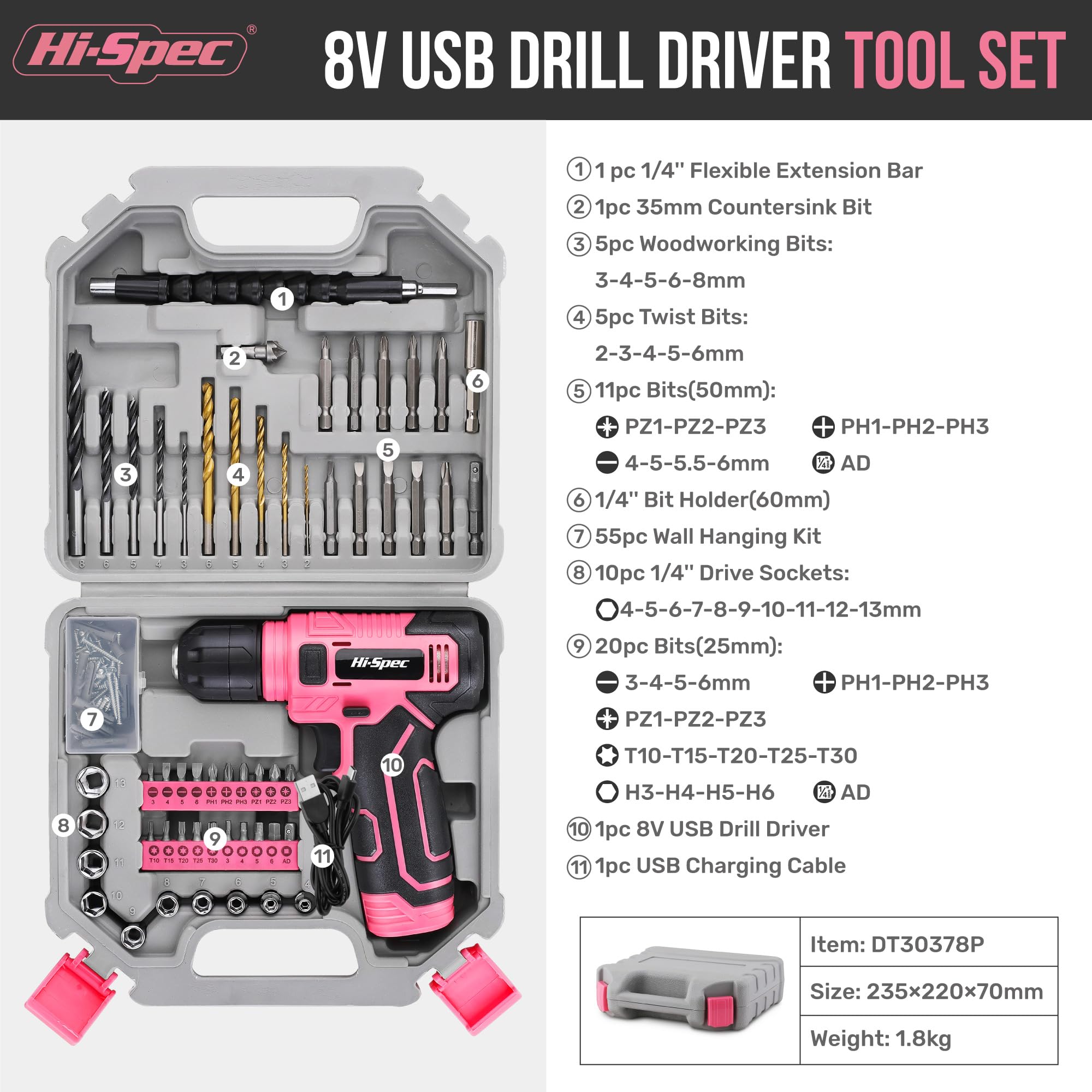 Hi-Spec Trapano Avvitatore a Batteria 8V, Trapano Elettrico Senza Fili con Set 110 Pezzi (Punte Trapano, Bussole e Inserti), per Forare e Avvitare in Casa, Valigetta Portatile, Rosa