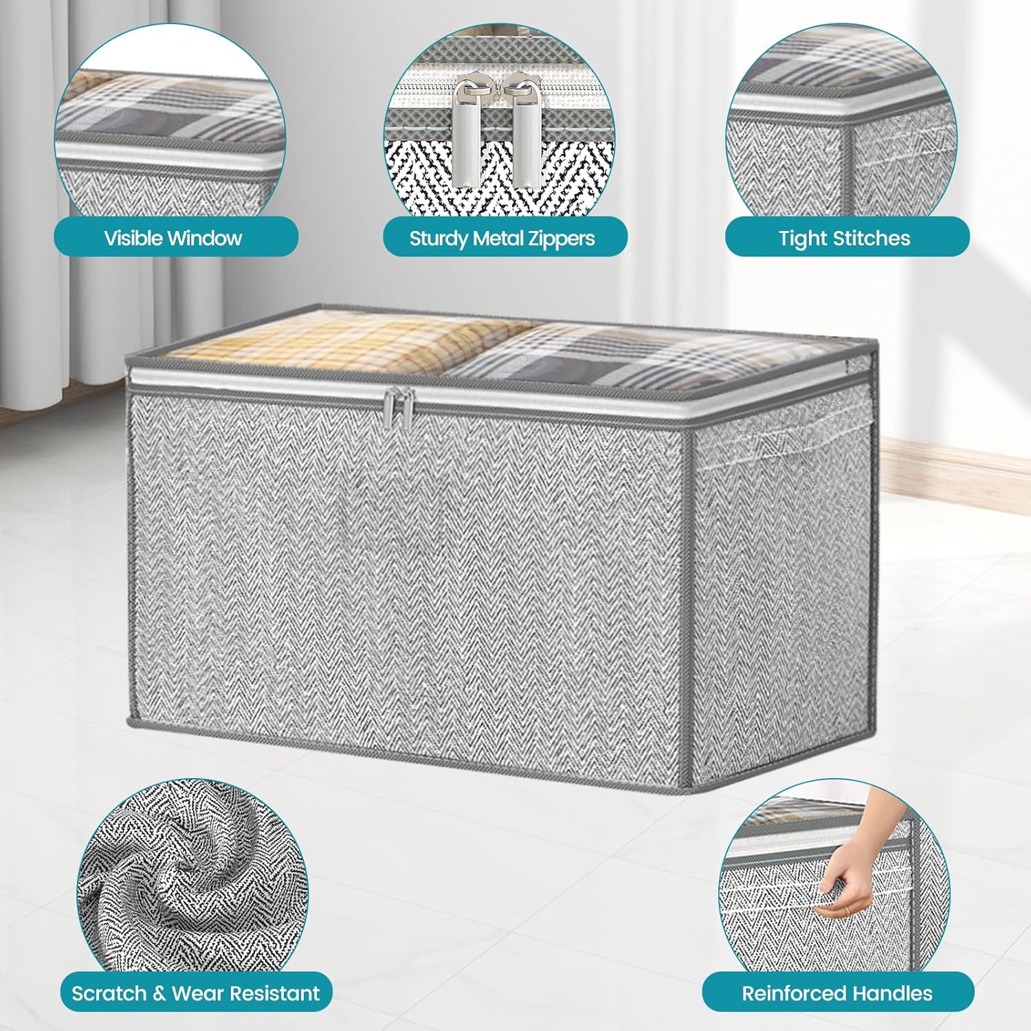 3 Pack 125L Grey Comforter Storage Bags, Clothes Storage Bags, Collapsible Closet Organizers, with Reinforced Handles & Sturdy Zippers