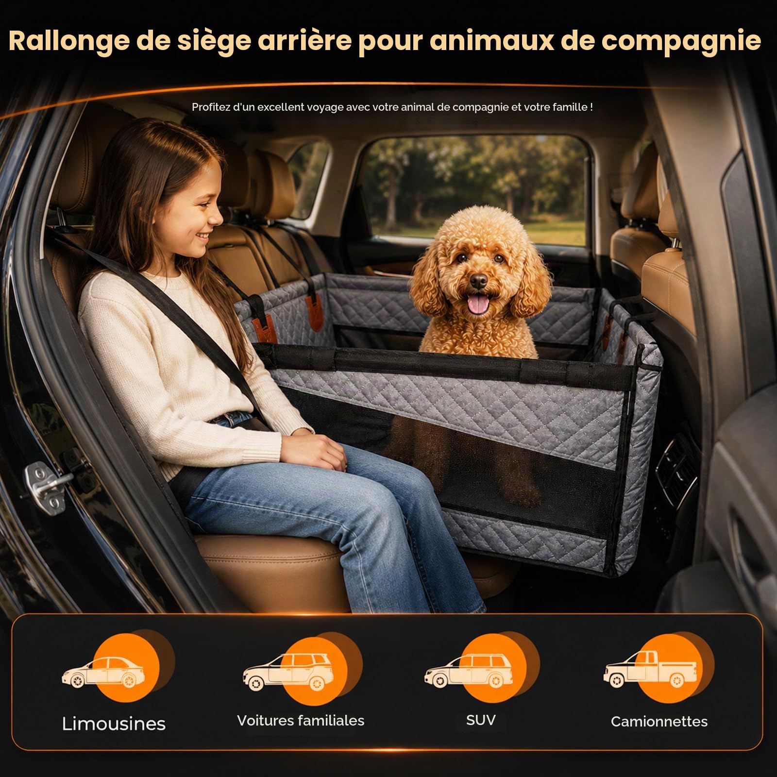 Siège unique renforcé pour chien avec ventilation et espace de rangement, imperméable, antidérapant, avec fenêtre en filet, siège arrière renforcé pour voiture, SUV, pick-up, gris, 56 x 56 x 5 cm