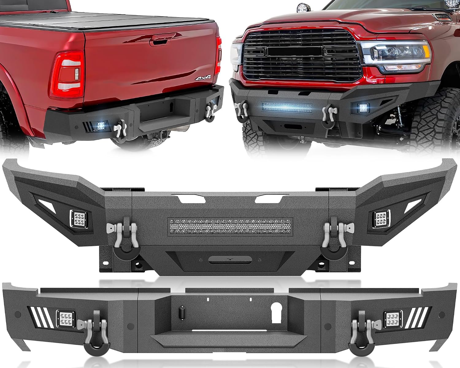 YZONA for Ram 2500 3500 Front and Rear Bumpers Compatible with 2019 2020 2021 2022 2023 2024 Dodge Ram 2500 3500 w/Winch Plate, Skid Plate, LED Lights, Sensor Holes, License Plate Holes & D-rings