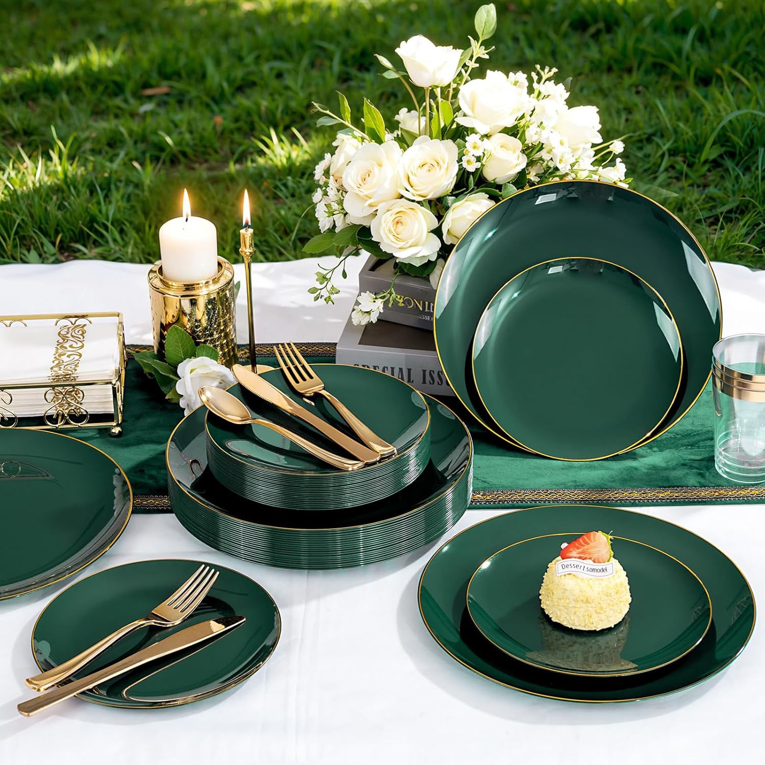 YOUBET 175PCS Green Plastic Plates - Green and Gold Disposable Plates Include 50 Plate, 75 Silverware, 25 Cups, 25 Napkins for Wedding & Party