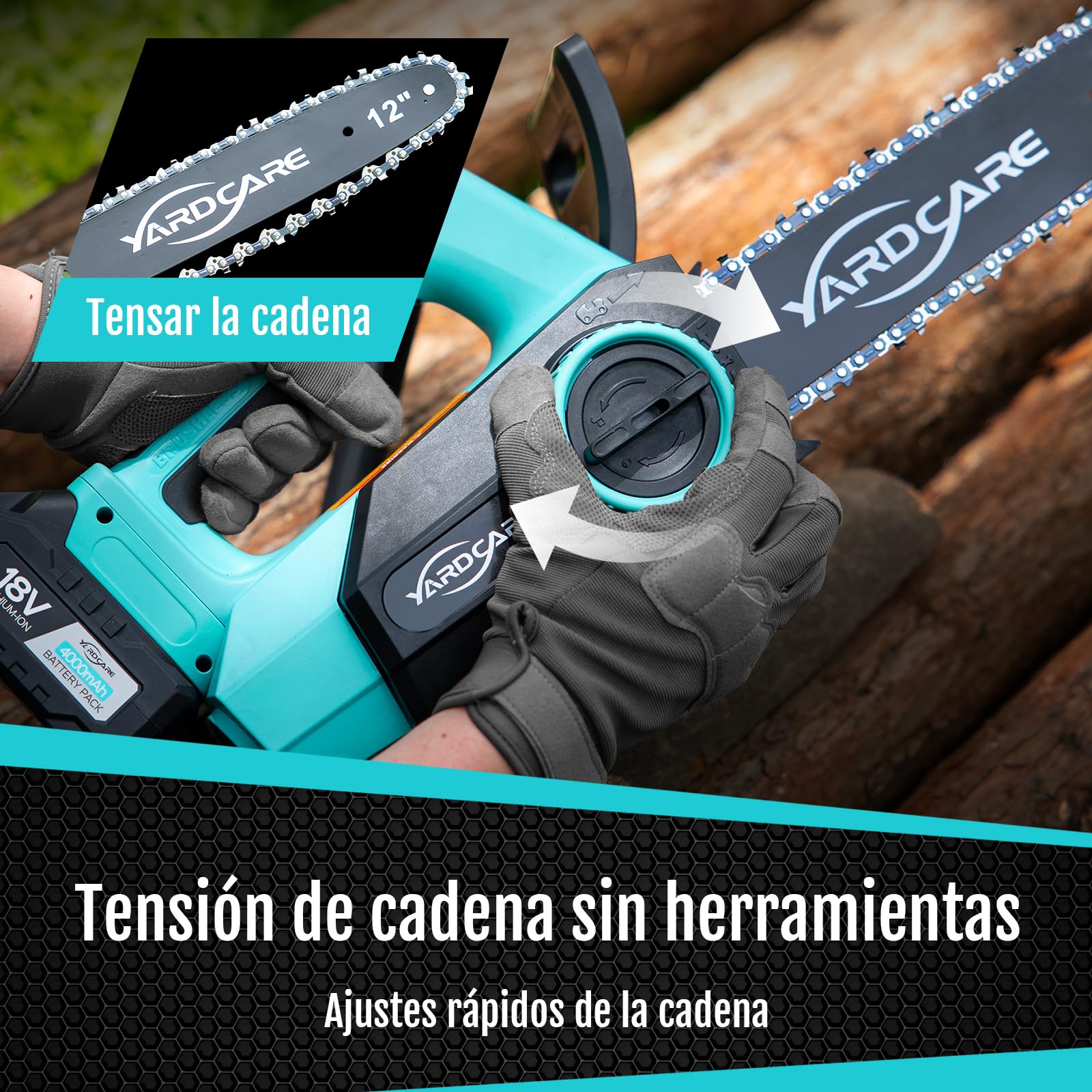 YARDCARE Motosierra a batería sin cable 12" con pantalla LED, motor brushless 1200 W, batería Li-Ion 4 Ah + cargador, tensión de cadena sin herramienta, lubricación automática, gancho de suspensión
