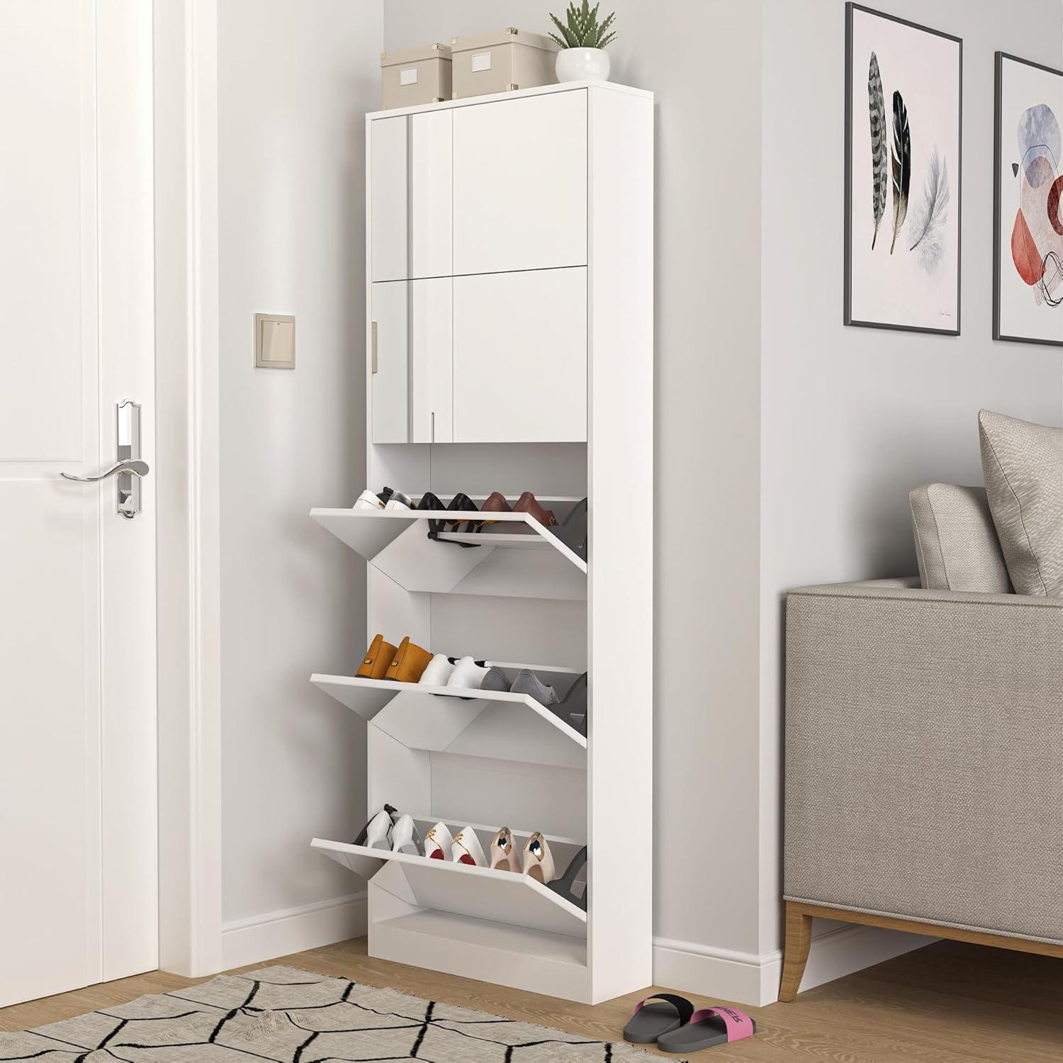 Tall Shoe Cabinet with Full Length Mirror, 5 Tiers Narrow Shoe Storage Cabinet with Flip Drawer, Hidden Shoe Rack Organizer for Entryway