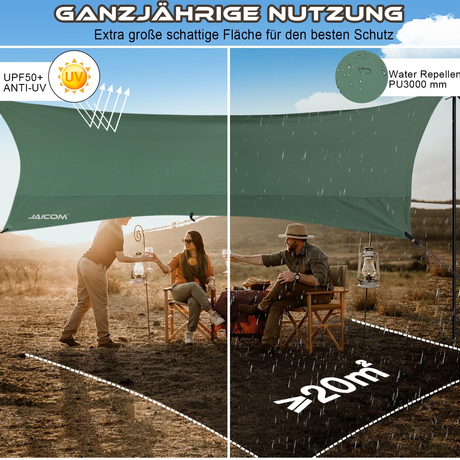 JAICOM Tarp 3,7 x 4,3 waterdicht, ultralicht tentzeil met steunstangen, oogjes, aluminium stiften, nylon touw, uv- en regenbestendig, geschikt voor tenten, hangmatten, binnenplaatsen, strandzonwering